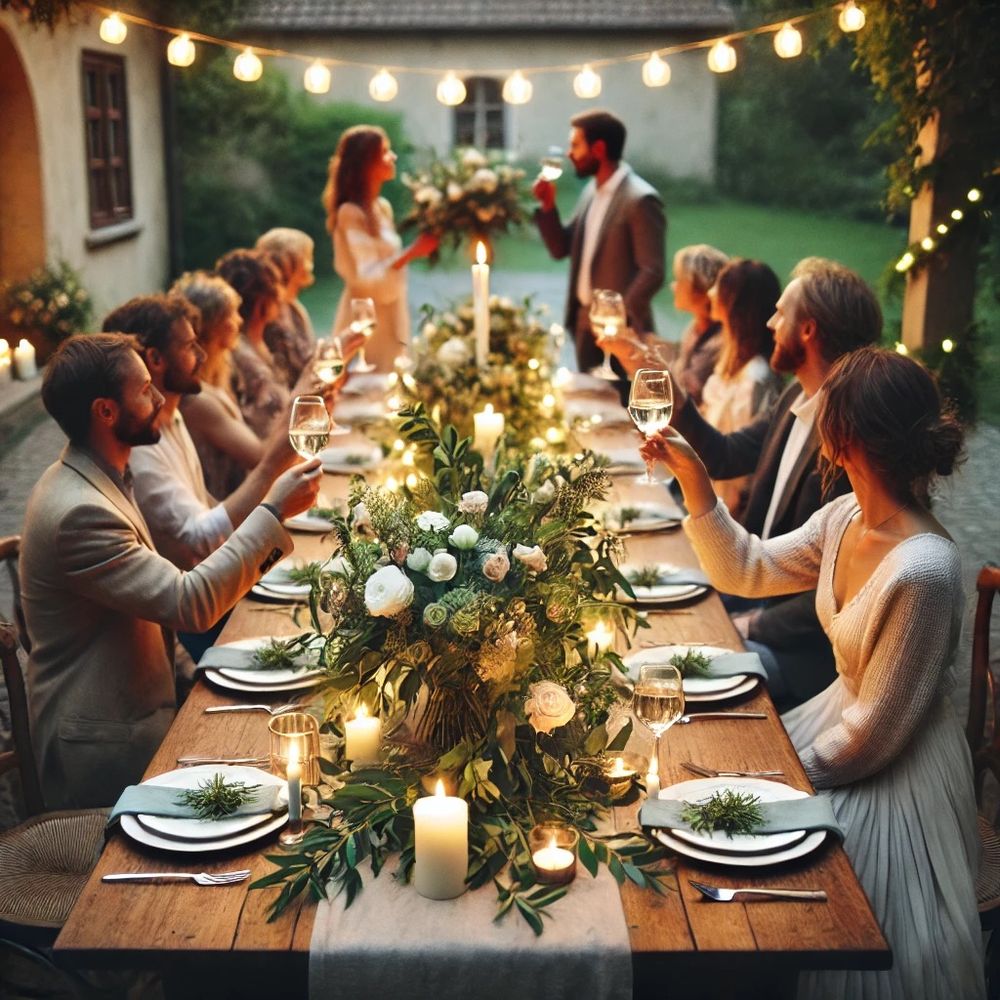 Romantic outdoor wedding dinner with a long table adorned with greenery, candles, and string lights under the night sky.