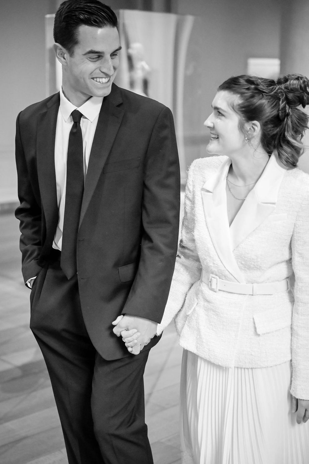 A series of candid wedding photos showing a couple sharing intimate moments in formal attire.