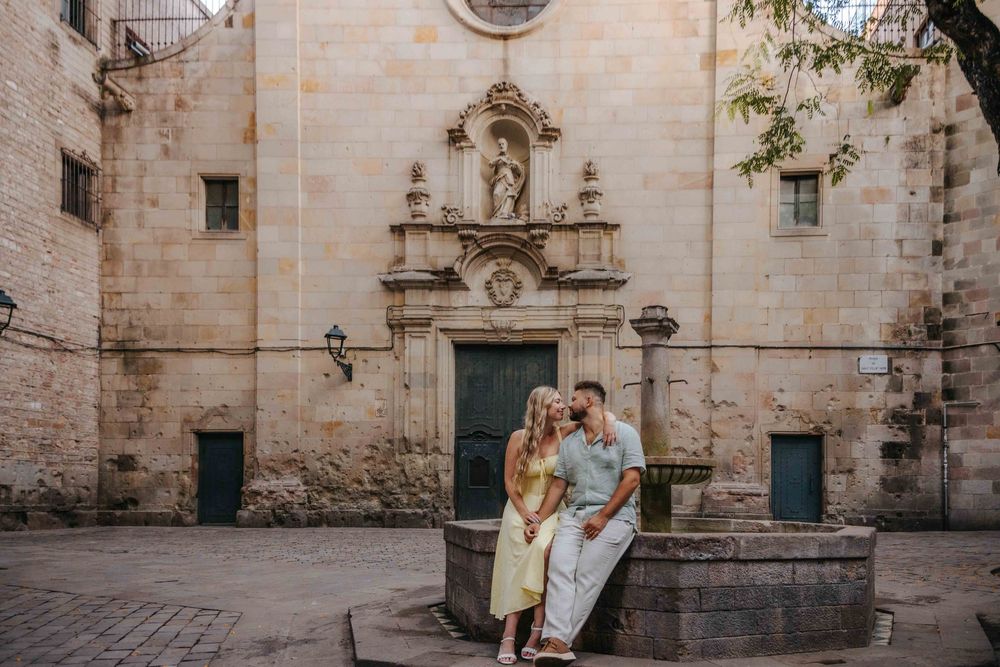 Engagement couple walking Barcelona streets