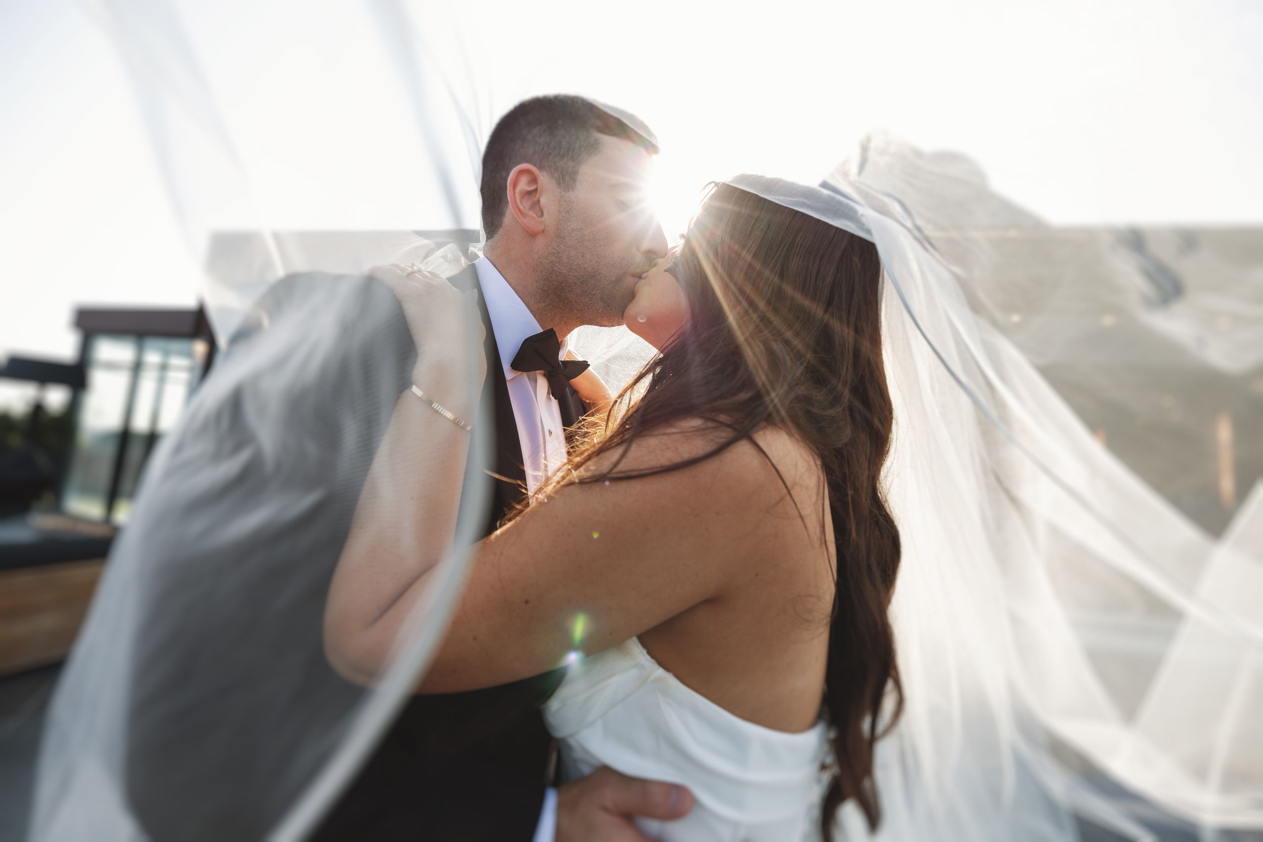 Sunlit wedding portrait with flowing veil creating romantic atmosphere.