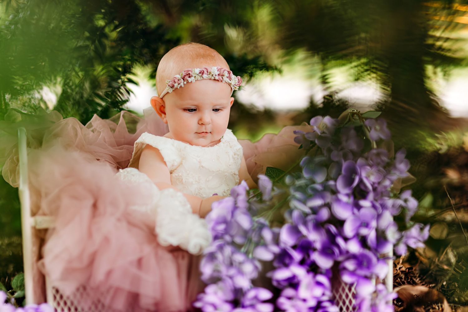 Baby in pink tulle dress sitting among purple flowers in a garden setting.