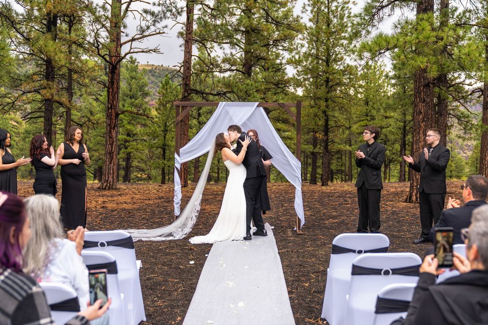 An outdoor wedding ceremony in a pine forest with white chairs and draped fabric arch.