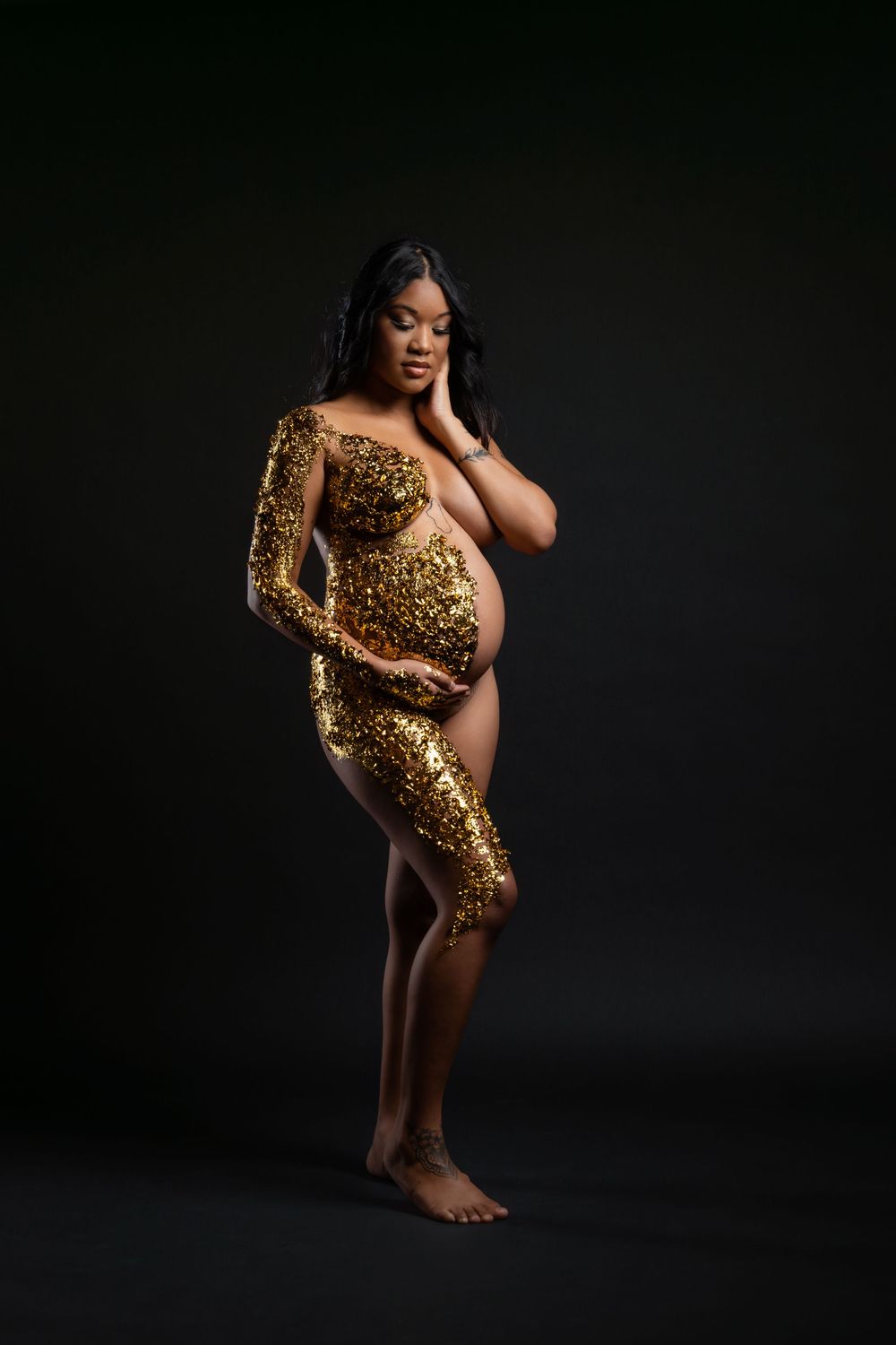 A dramatic artistic portrait series of a figure in a shimmering gold sequined dress against a dark background.