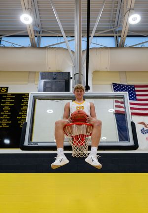 A sequence of basketball hoop and backboard photos with American flags visible in the background of a gymnasium.