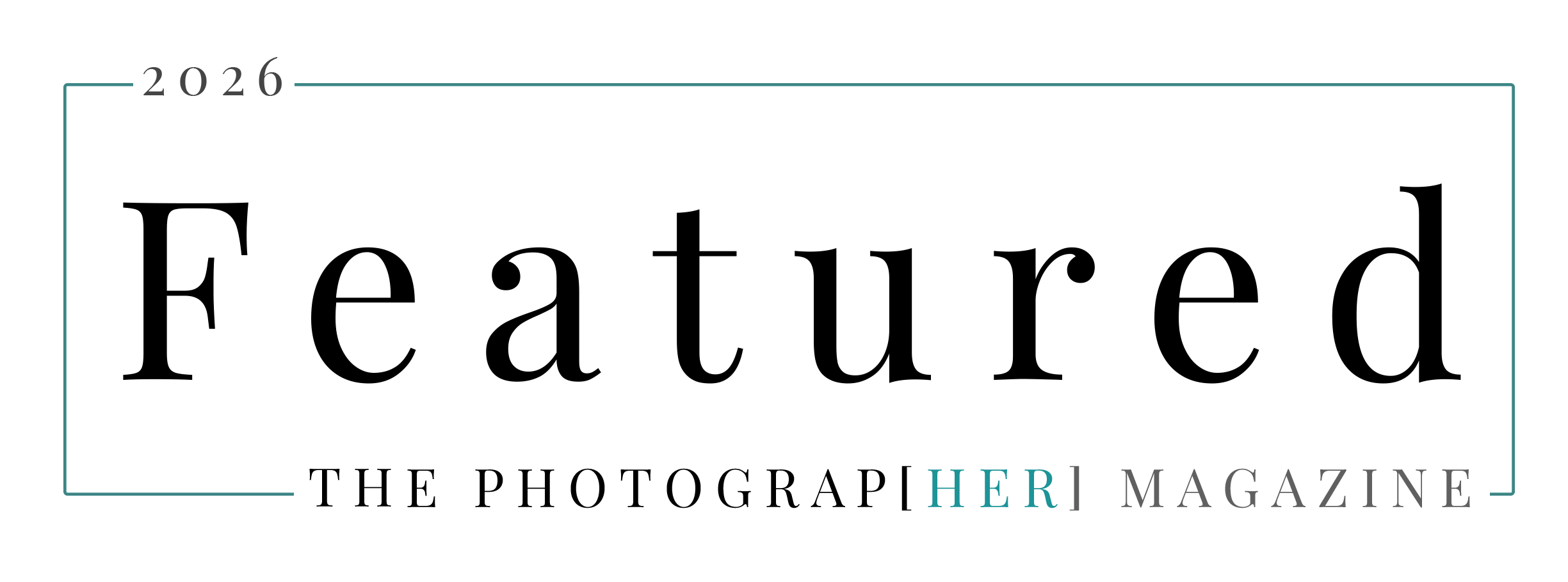 2026 Featured badge from The PhotographHER Magazine with elegant serif typography and teal accent lines.
