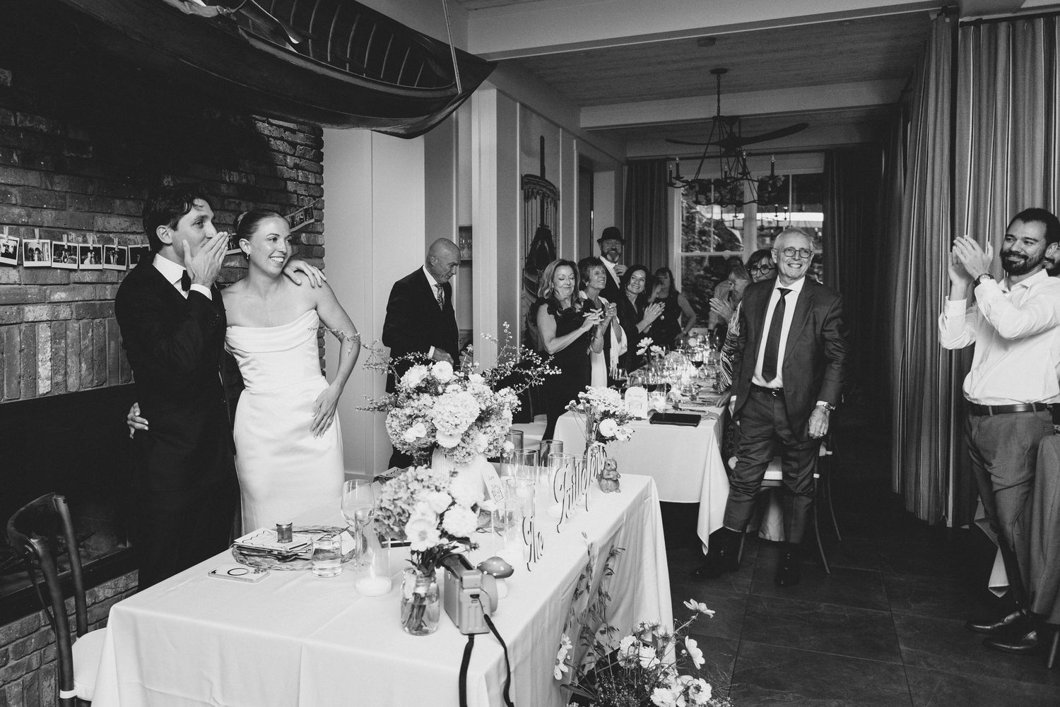 Black and white photo collage showing multiple wedding reception scenes with dancing and celebrations.