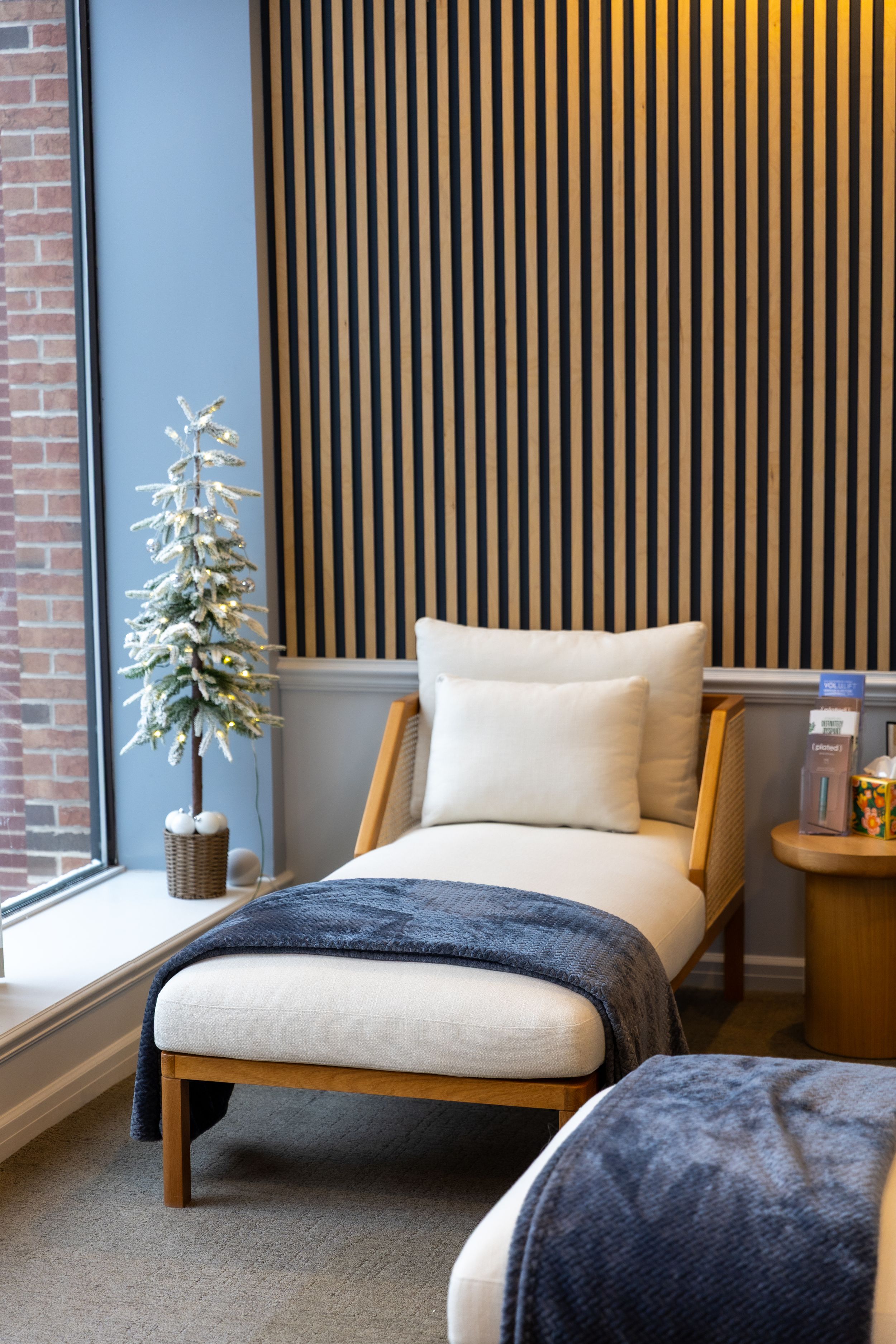 Contemporary lounge area with wooden slat wall, cushioned seating and decorative plants by window.