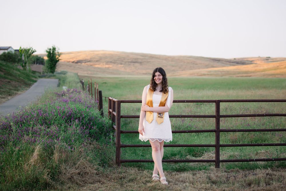 A series of photos showing a person in white clothing sitting on wooden fences at sunset in a rural countryside setting.