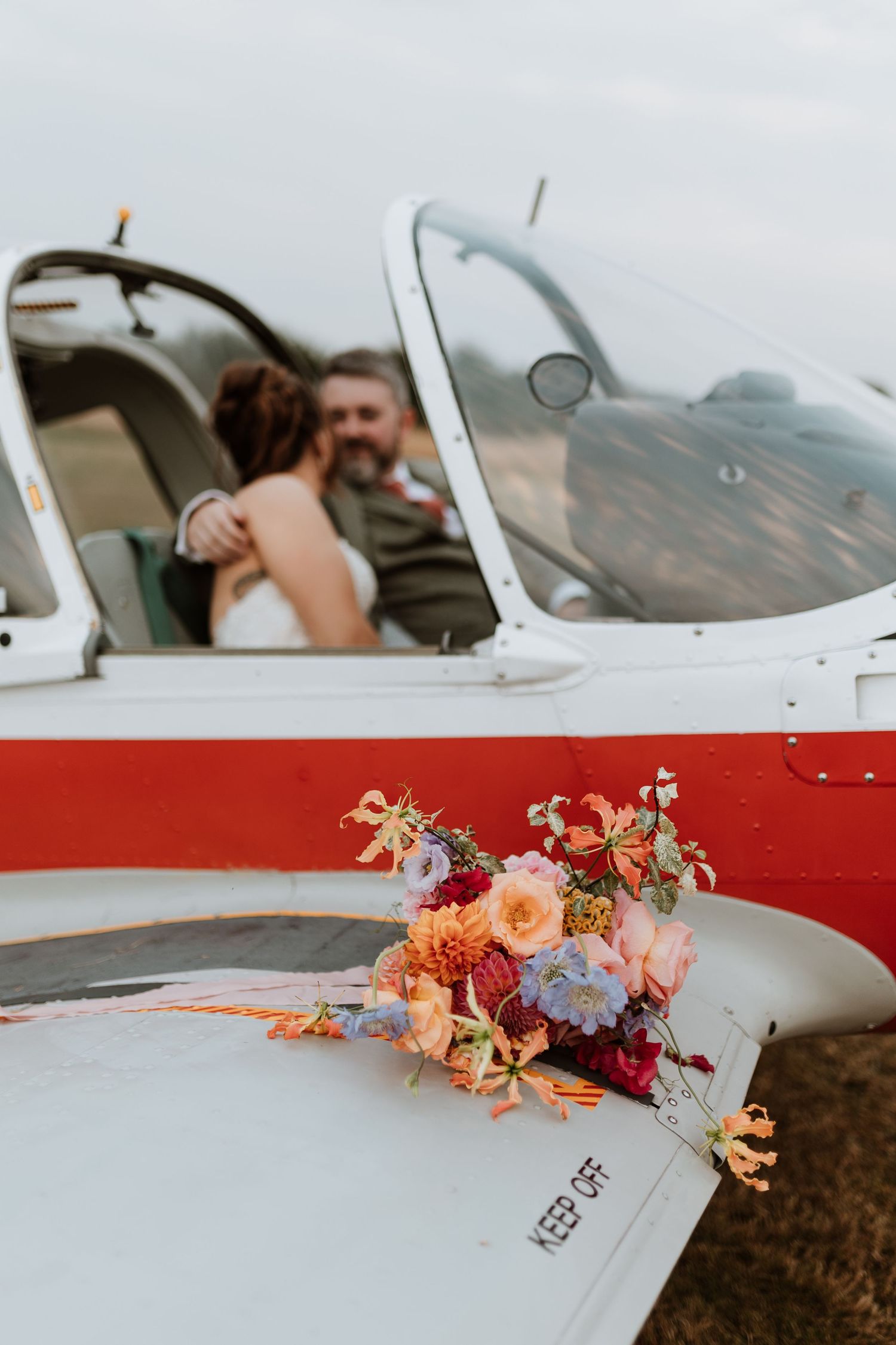 Small aircraft wing decorated with delicate peach and purple flowers against a blurred background.