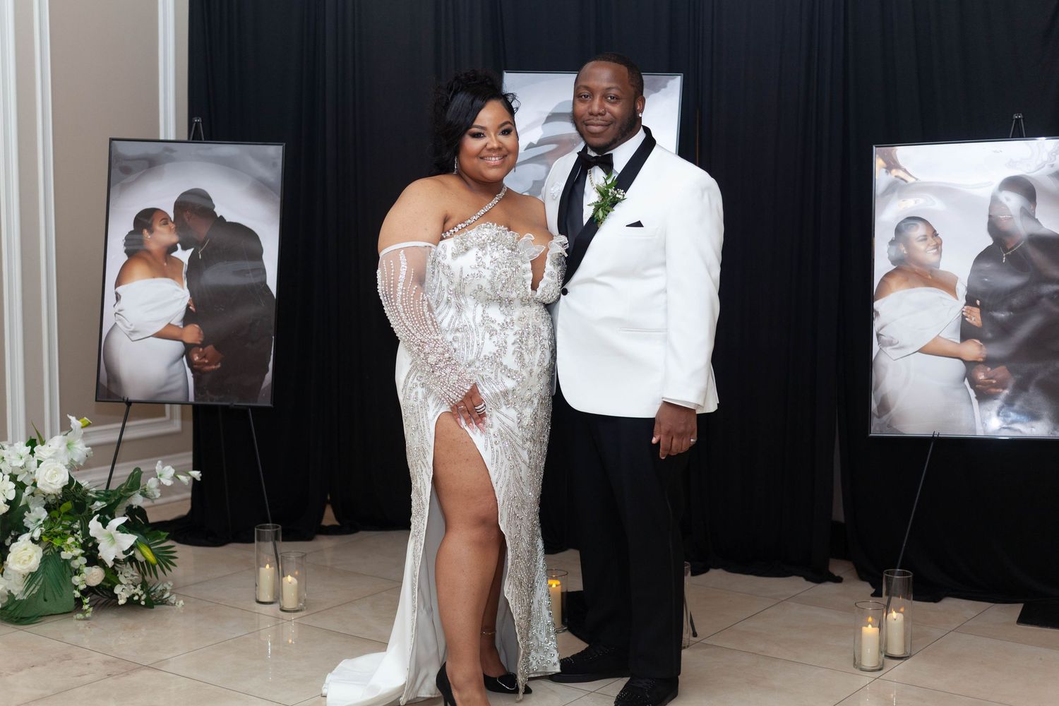 A wedding photo collage showing various romantic moments and poses between the newlyweds in formal attire.