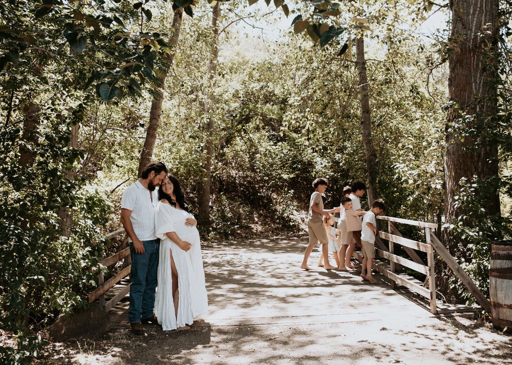 Outdoor family  maternity portrait of an expecting mother in a flowing cream gown surrounded by wildflowers in the South Okanagan.