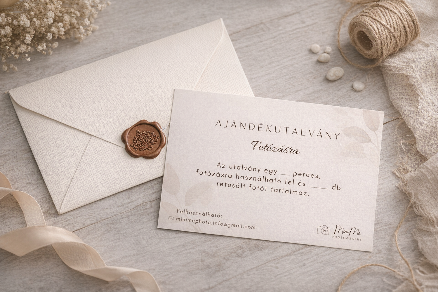 Elegant wedding stationery with wax seal and twine on light gray surface.