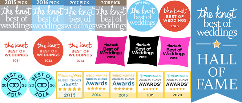 A row of colorful wedding industry award badges and ribbons showcasing multiple years of recognition and achievements.