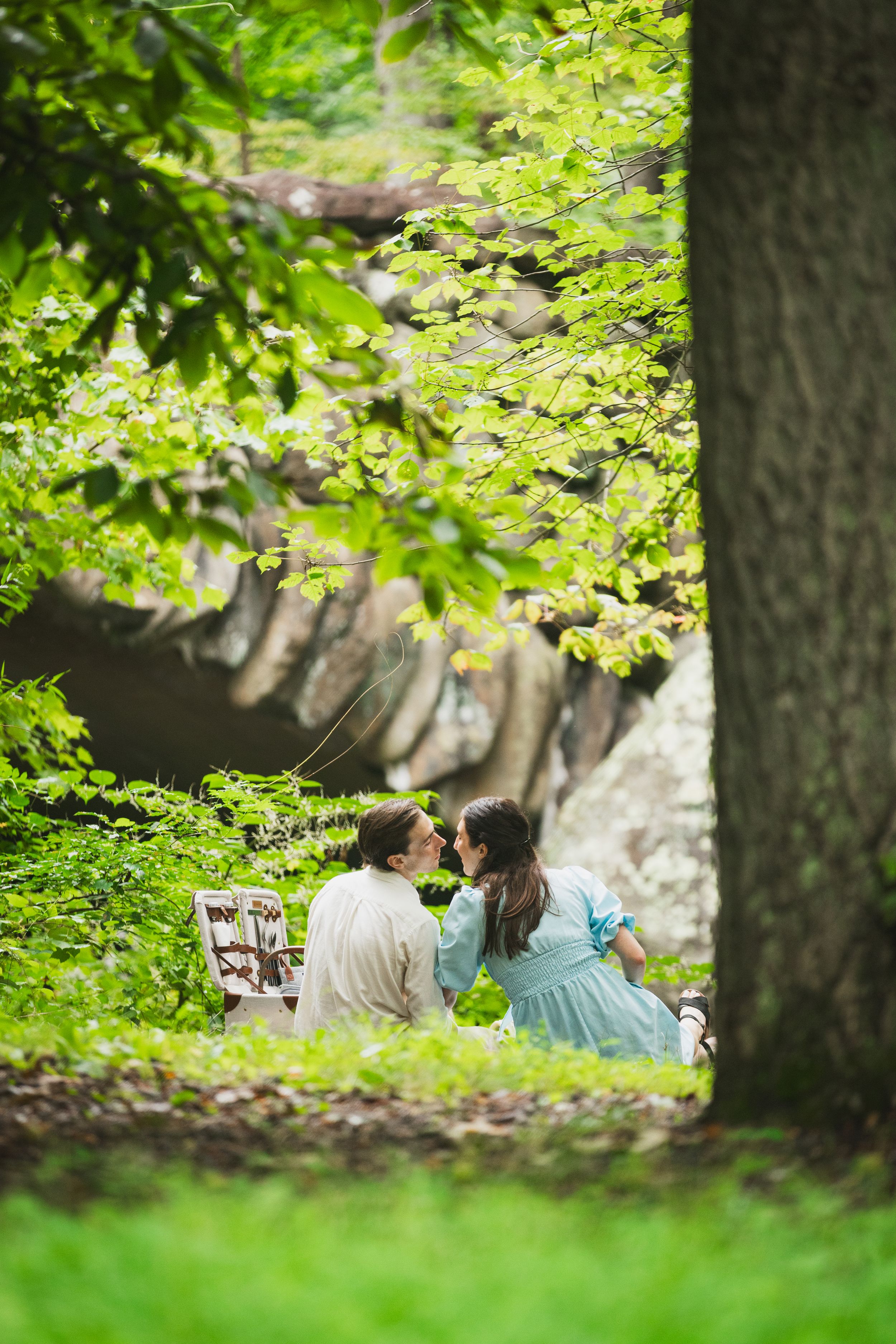 A couple sits together on grass under green trees in a romantic outdoor setting on a summer day.