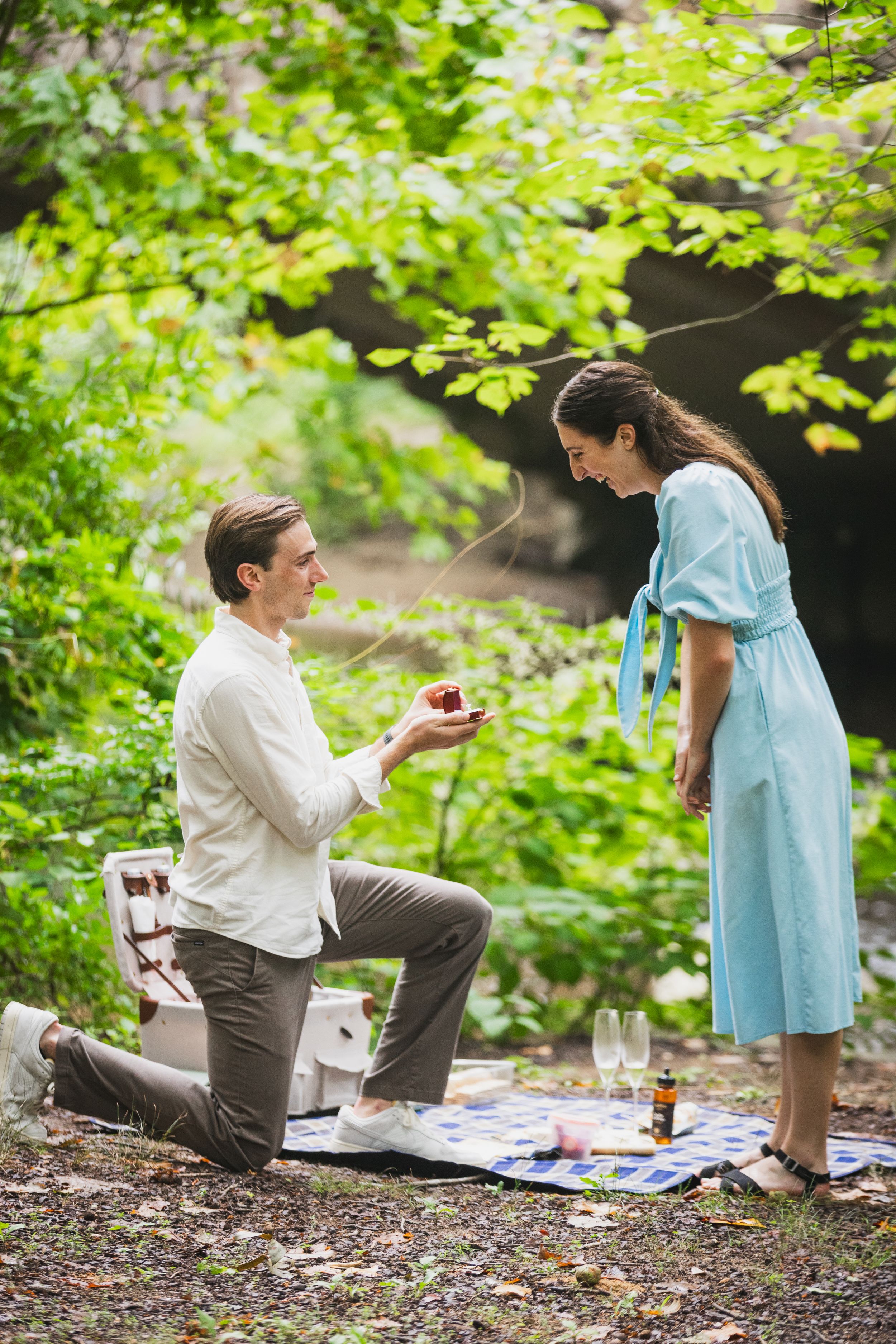 A romantic picnic proposal scene in a lush green forest at boulder bridge, a dc spring proposal spot