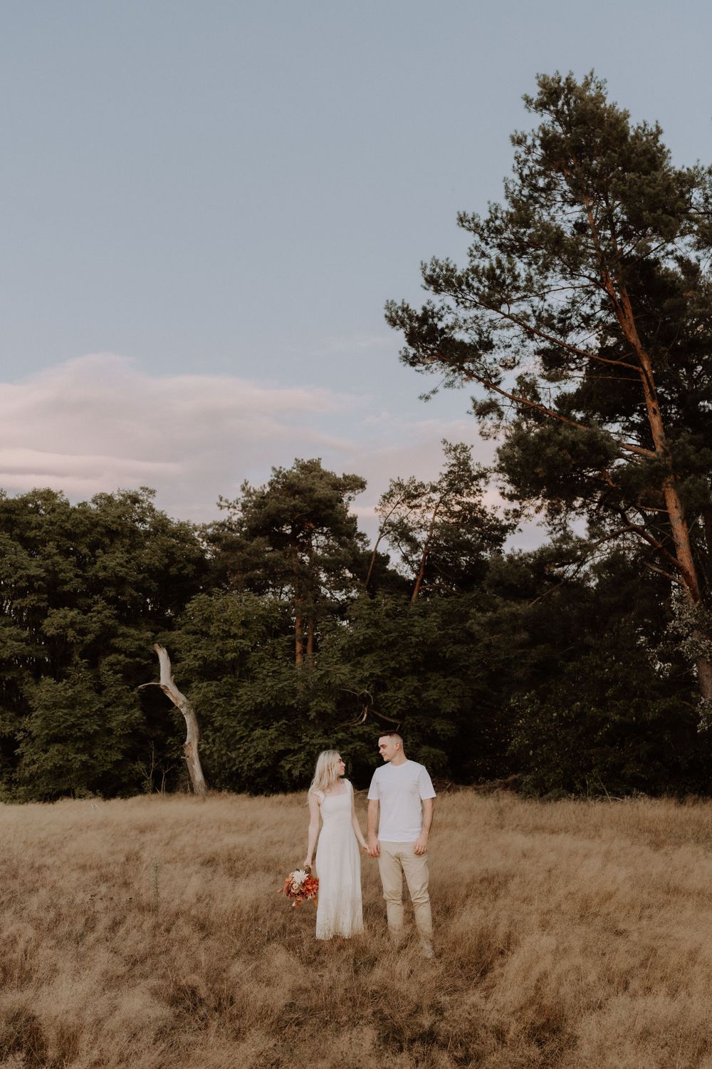 Couple standing in golden field with pine trees and sunset sky in background.