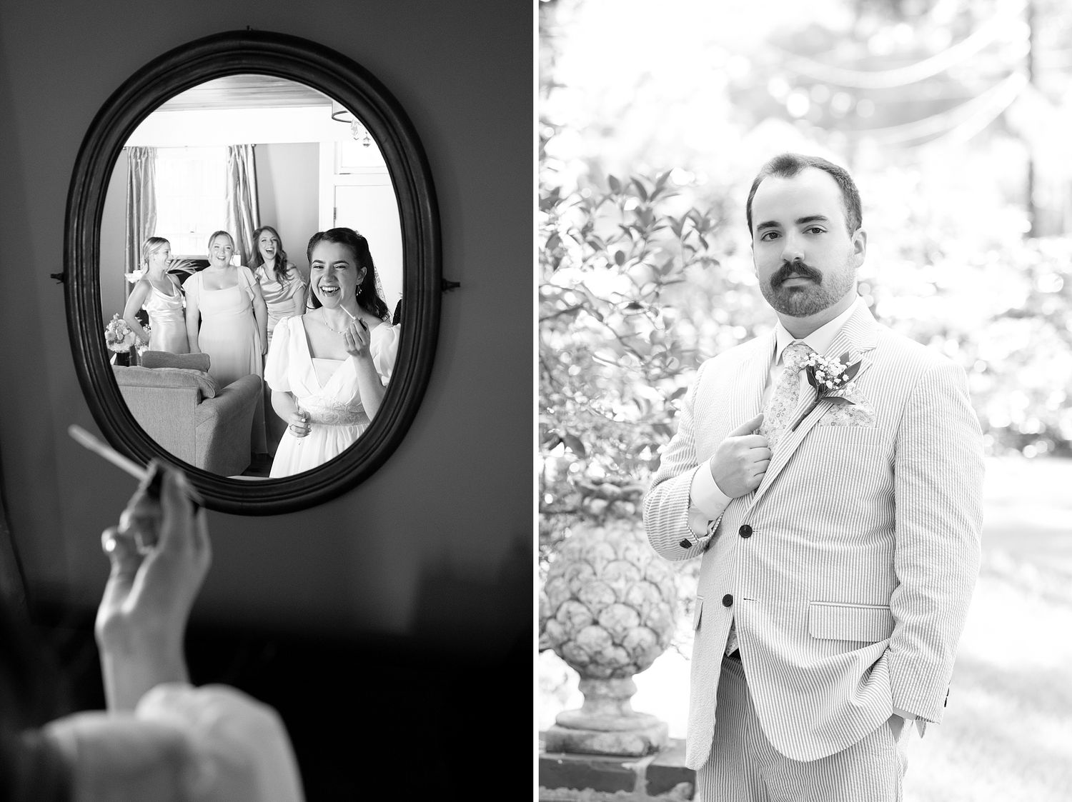 Black and white portraits taken through circular mirrors and windows.