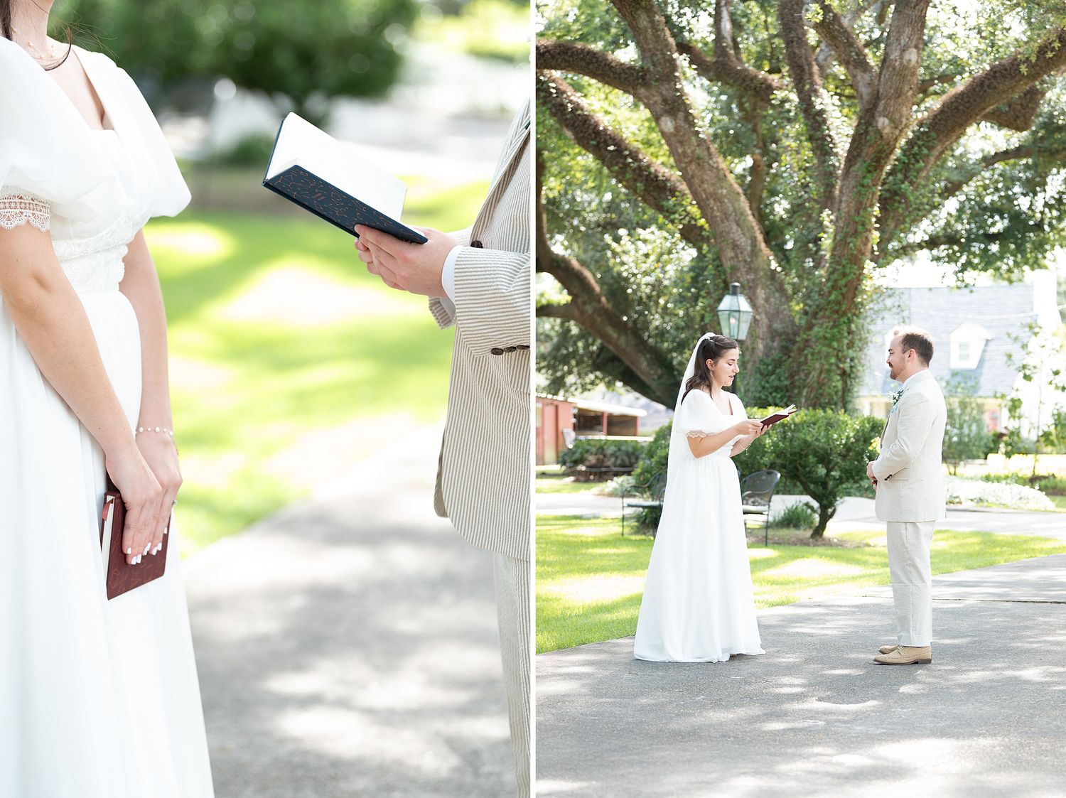 Wedding ceremony participants stand beneath towering oak trees in a garden setting.