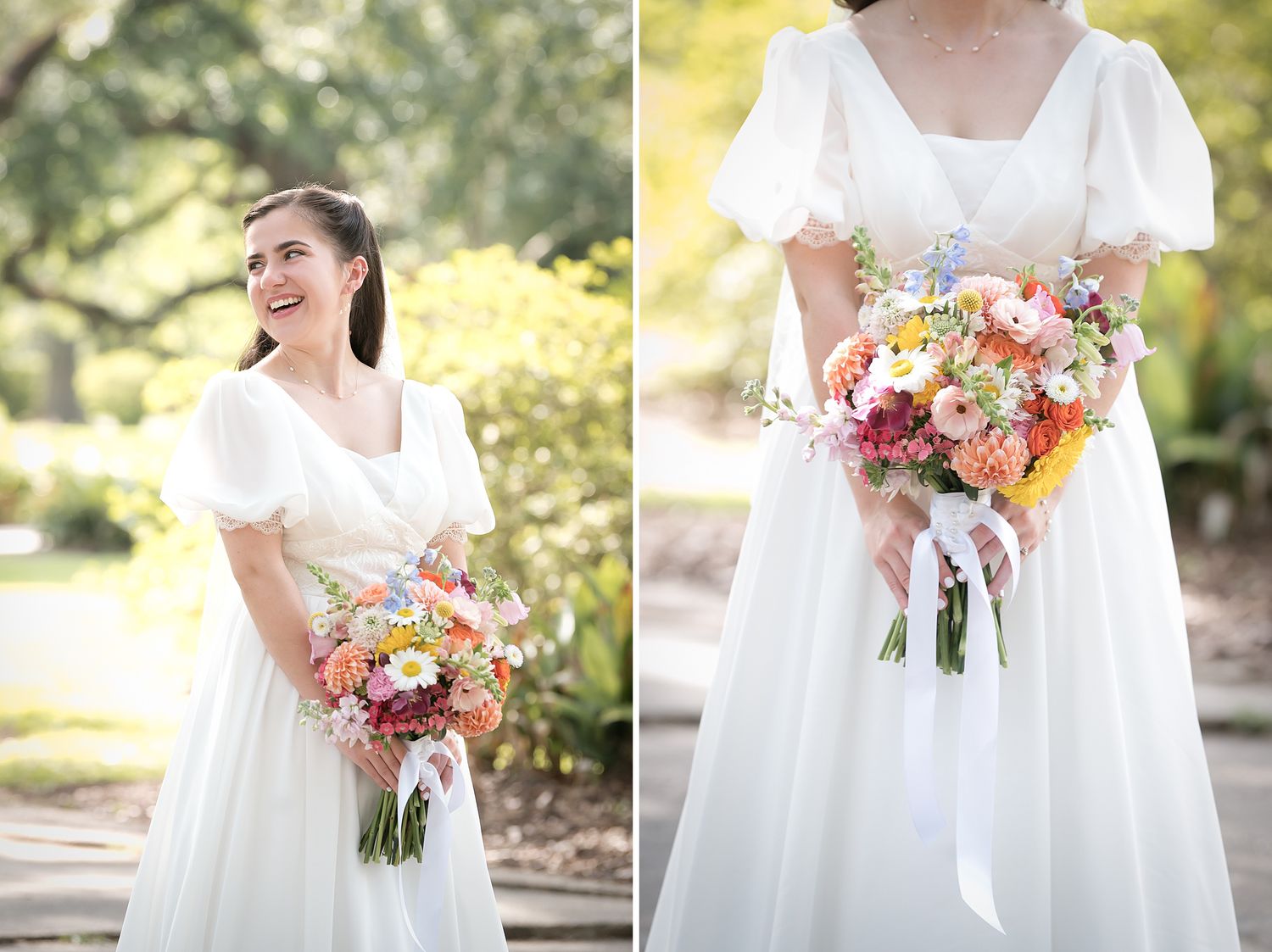 Bride holds colorful wildflower bouquets against white dress in garden setting.