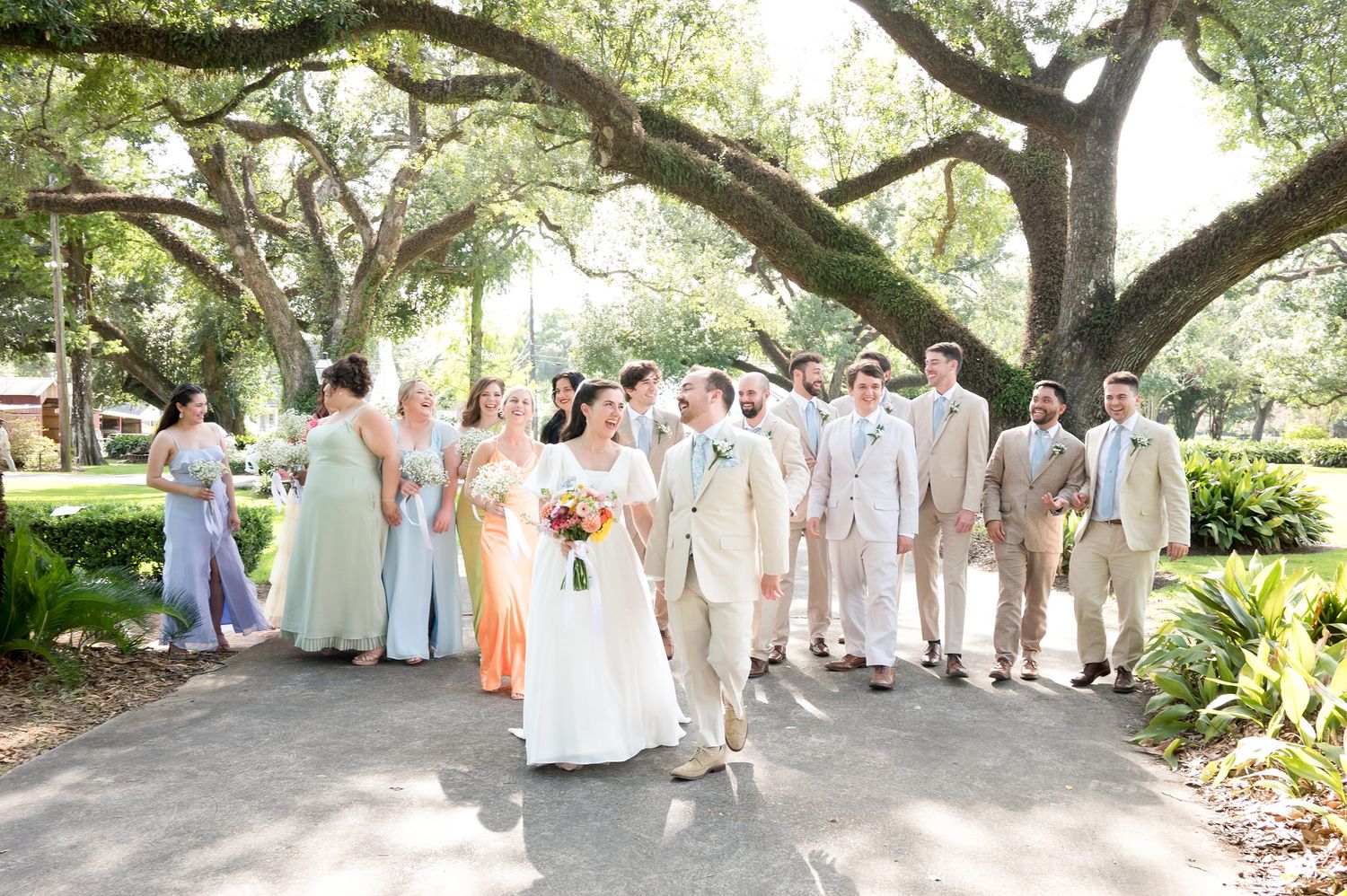 Wedding party members arranged in formal group photo under natural oak tree canopy.