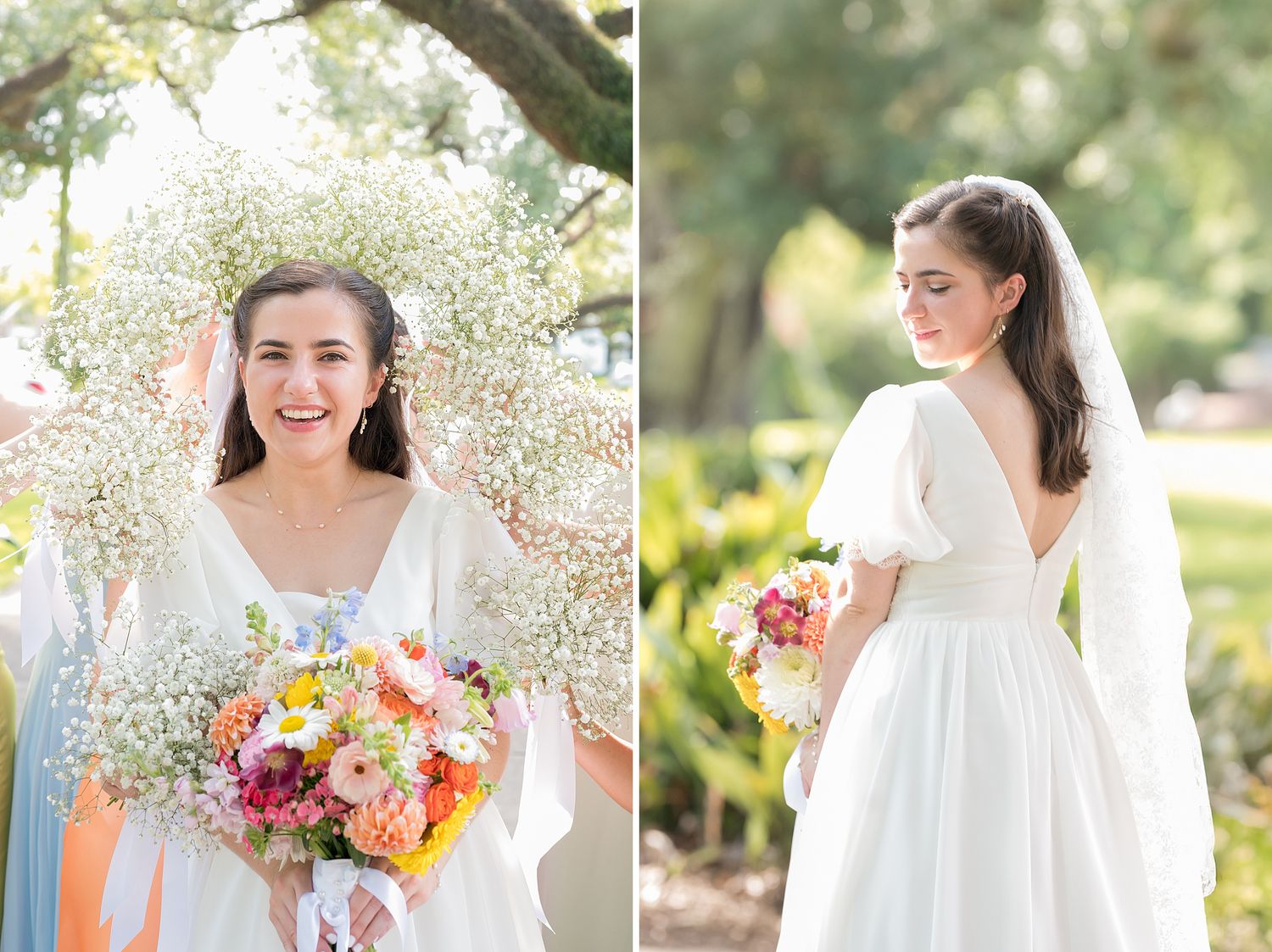 Bridal party members in pastel dresses hold colorful bouquets in an outdoor garden setting.