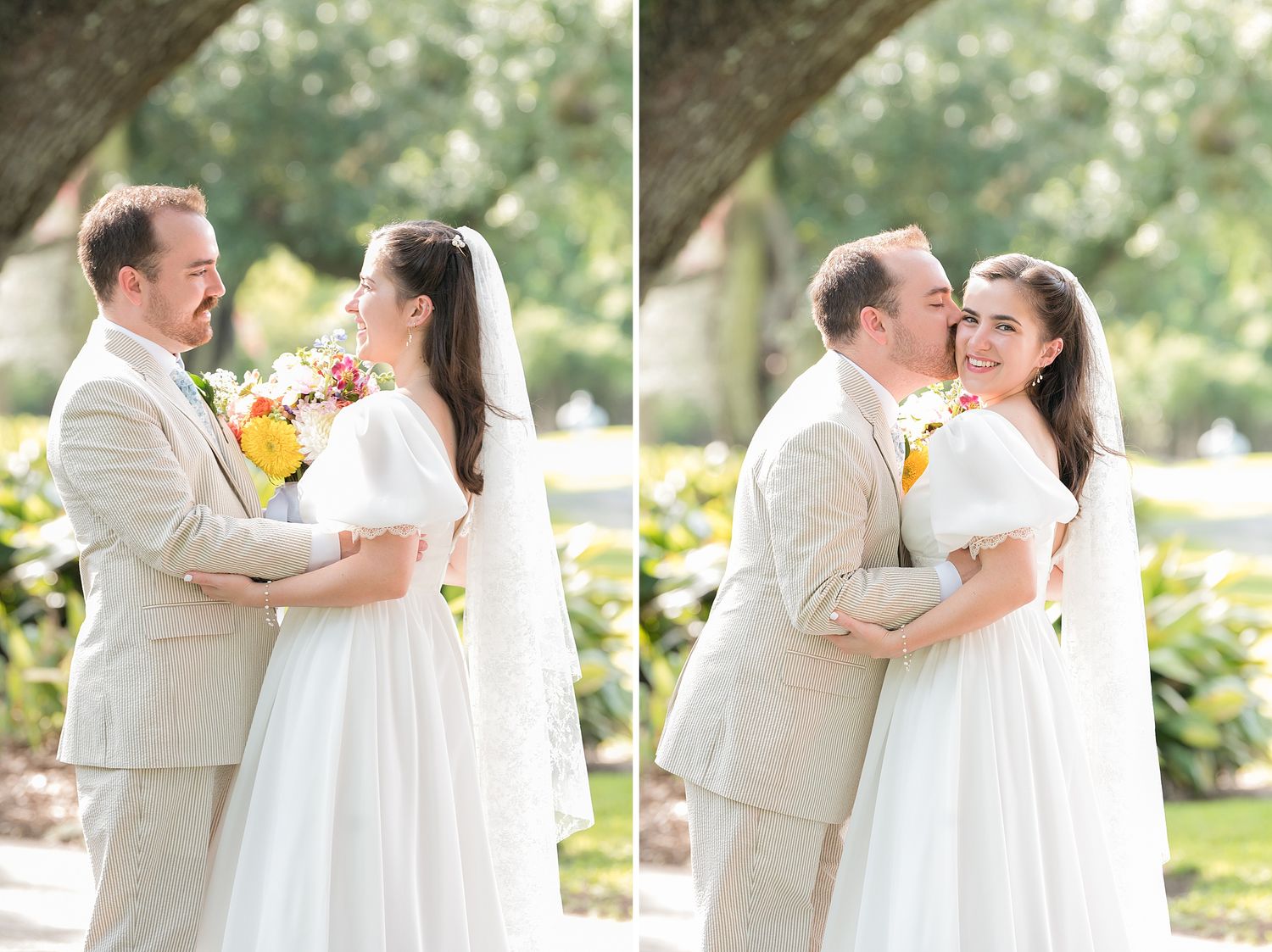 Couple shares romantic moments in a garden setting wearing white wedding attire.