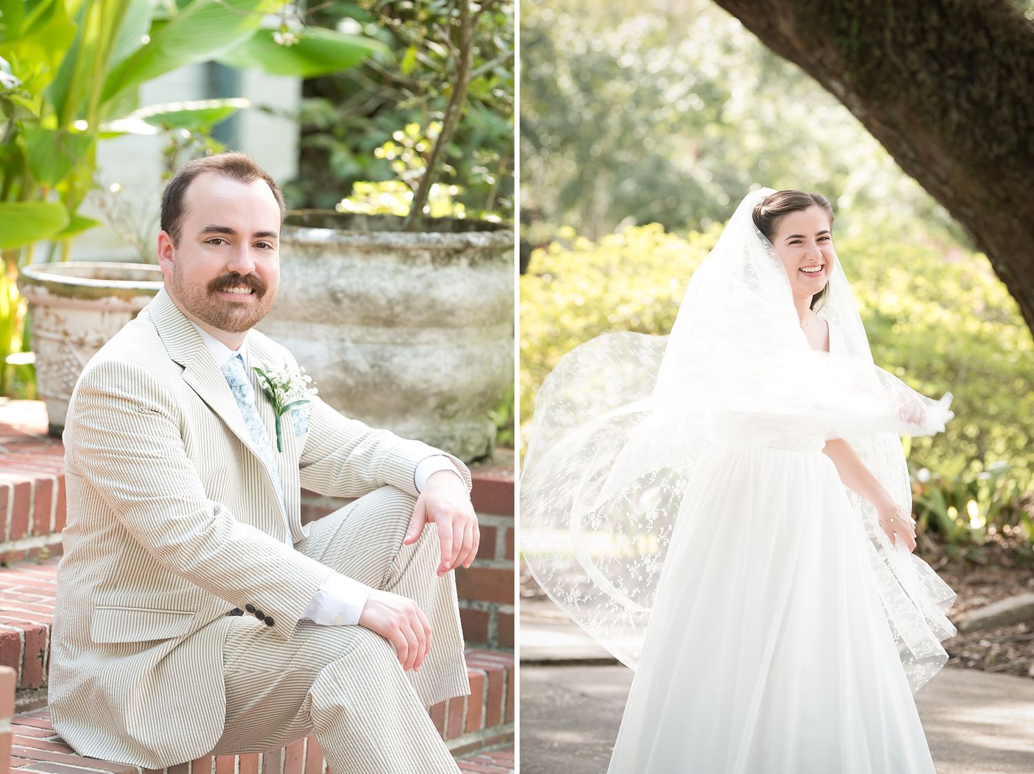 Wedding portraits taken under sprawling oak trees in a garden setting.