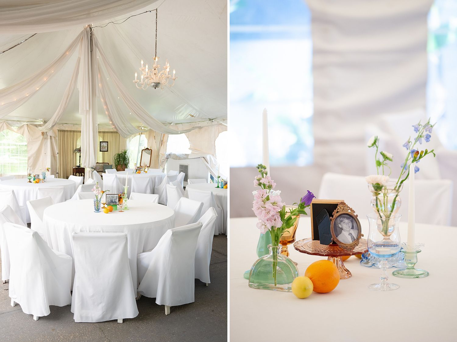 Wedding reception venue with white draped tent and elegant table settings next to colorful centerpiece details.
