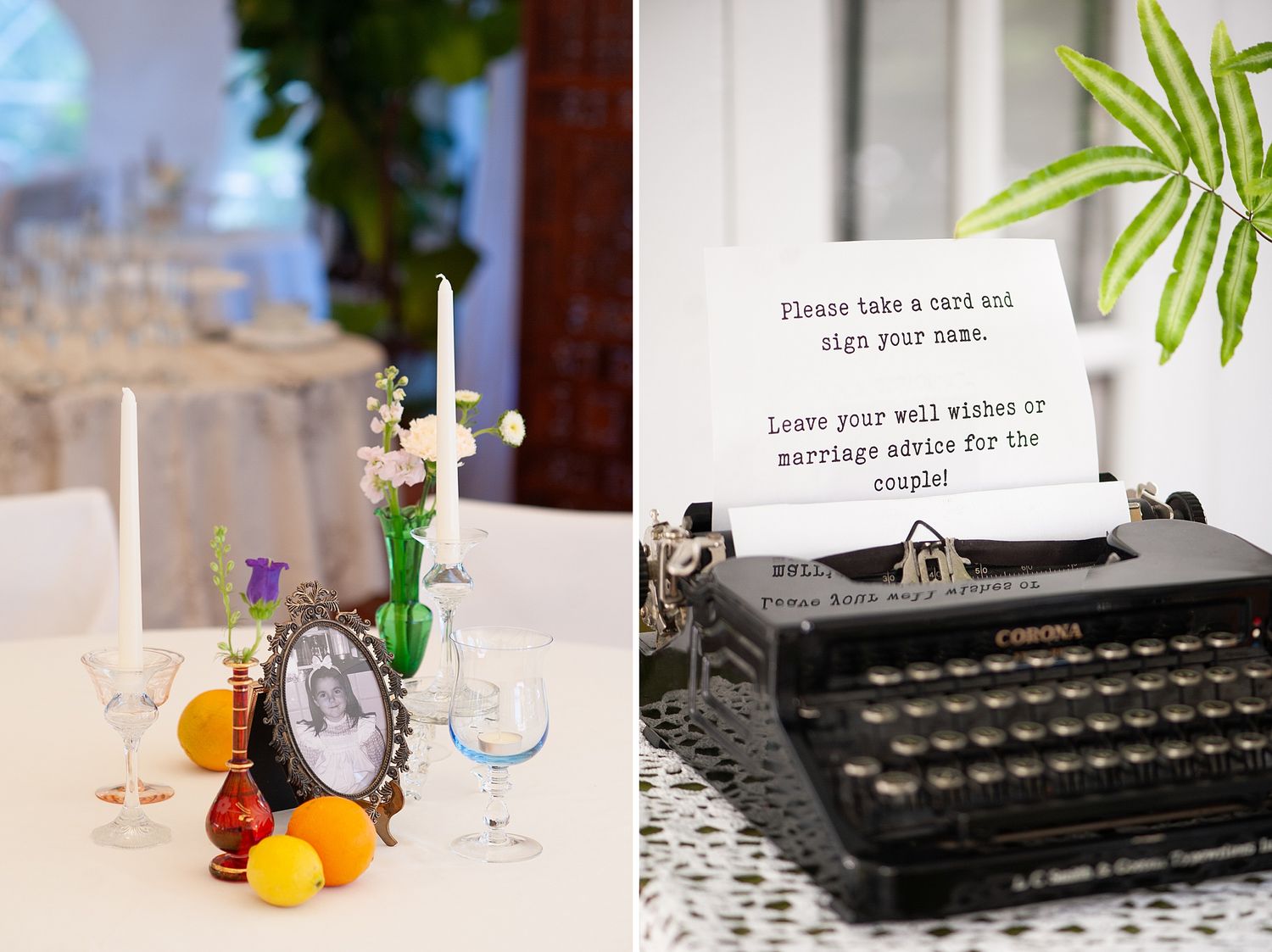Vintage typewriter with handwritten notes and tropical decor on a rustic wooden table.