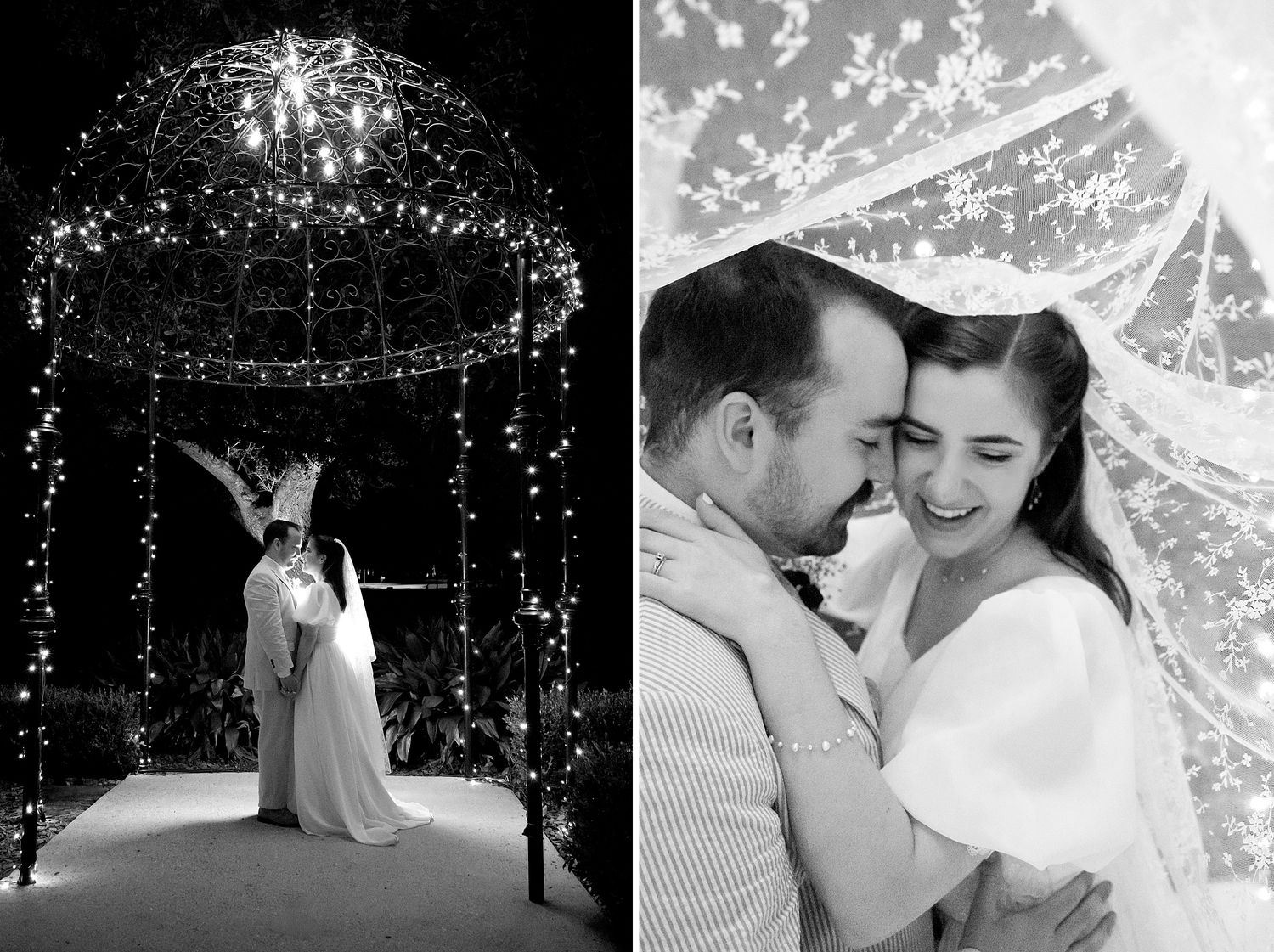 Romantic black and white photos with twinkling lights creating a dreamy atmosphere.