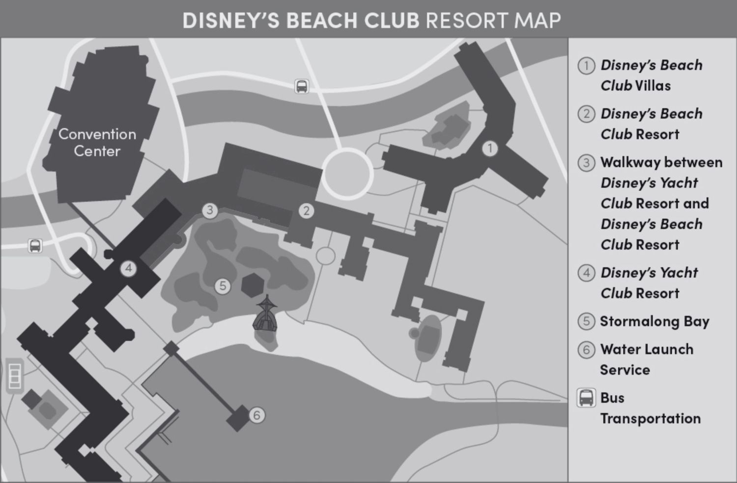 Disney Beach Club Resort property map showing layout of amenities, pools, and transportation options.