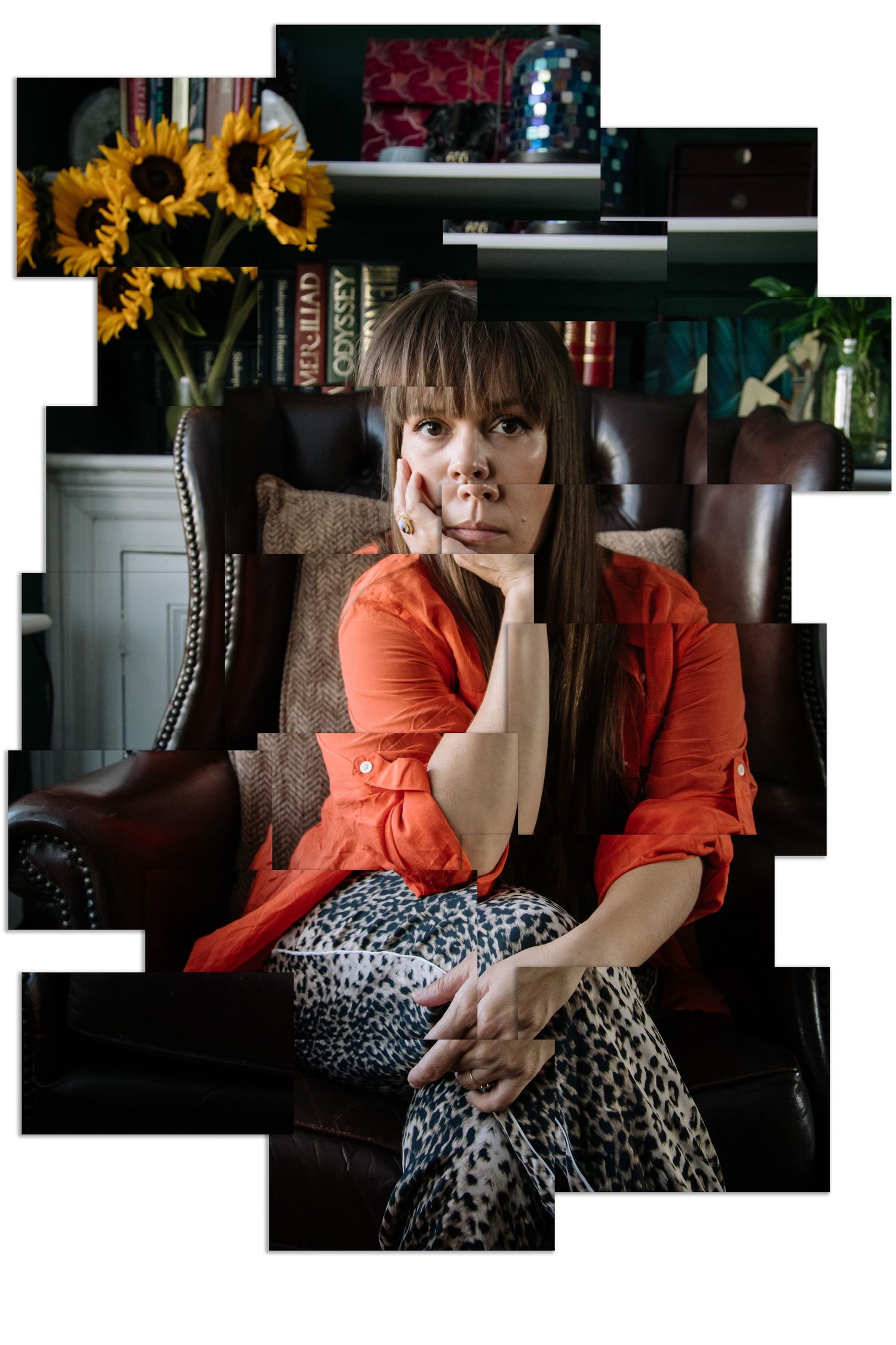 Artistic triptych portrait of a person in an orange top and patterned skirt seated in a moody interior setting.