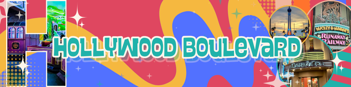 Colorful Hollywood Boulevard banner design with iconic movie and entertainment symbols.