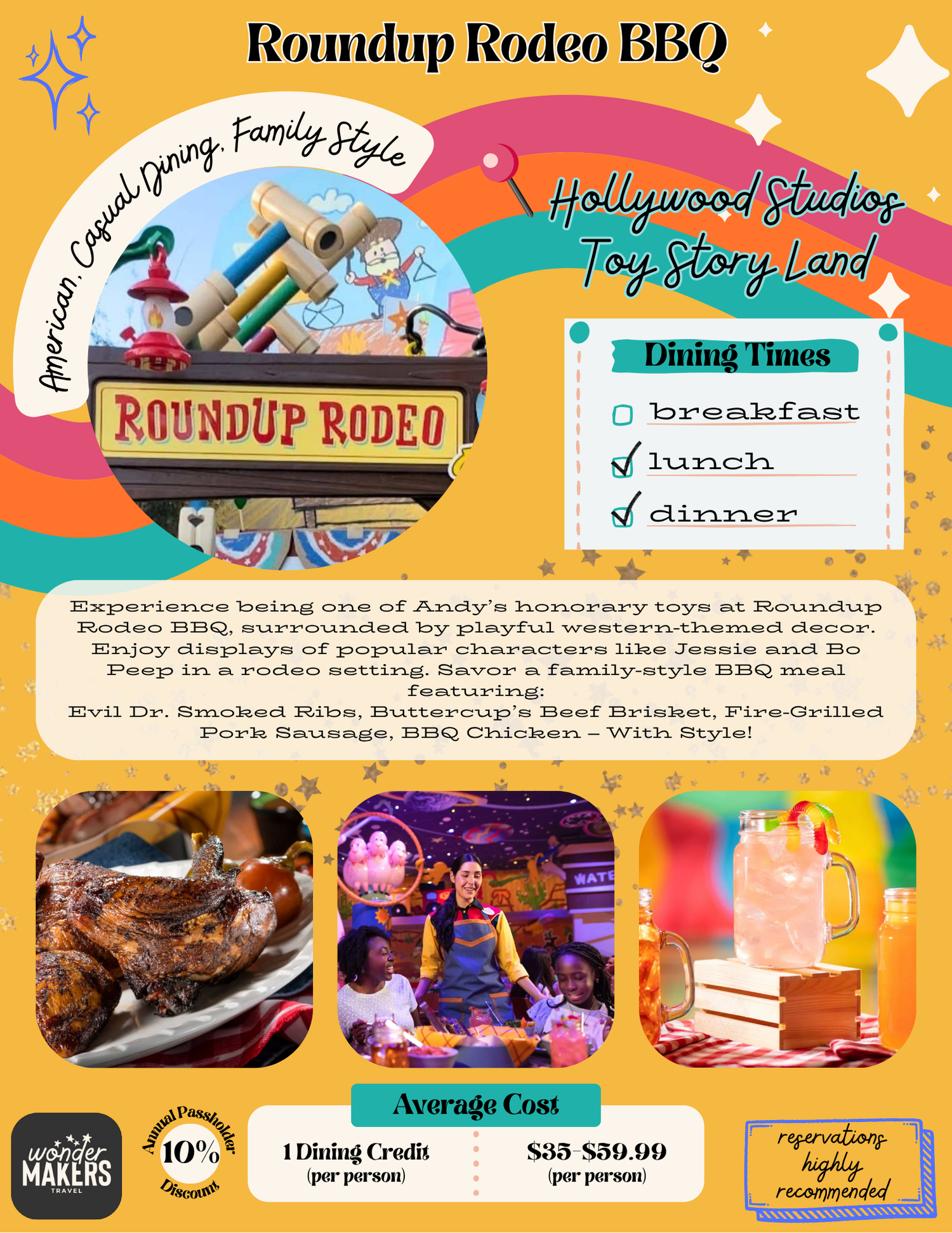 Promotional graphic for Roundup Rodeo BBQ restaurant featuring western theme and dining information.