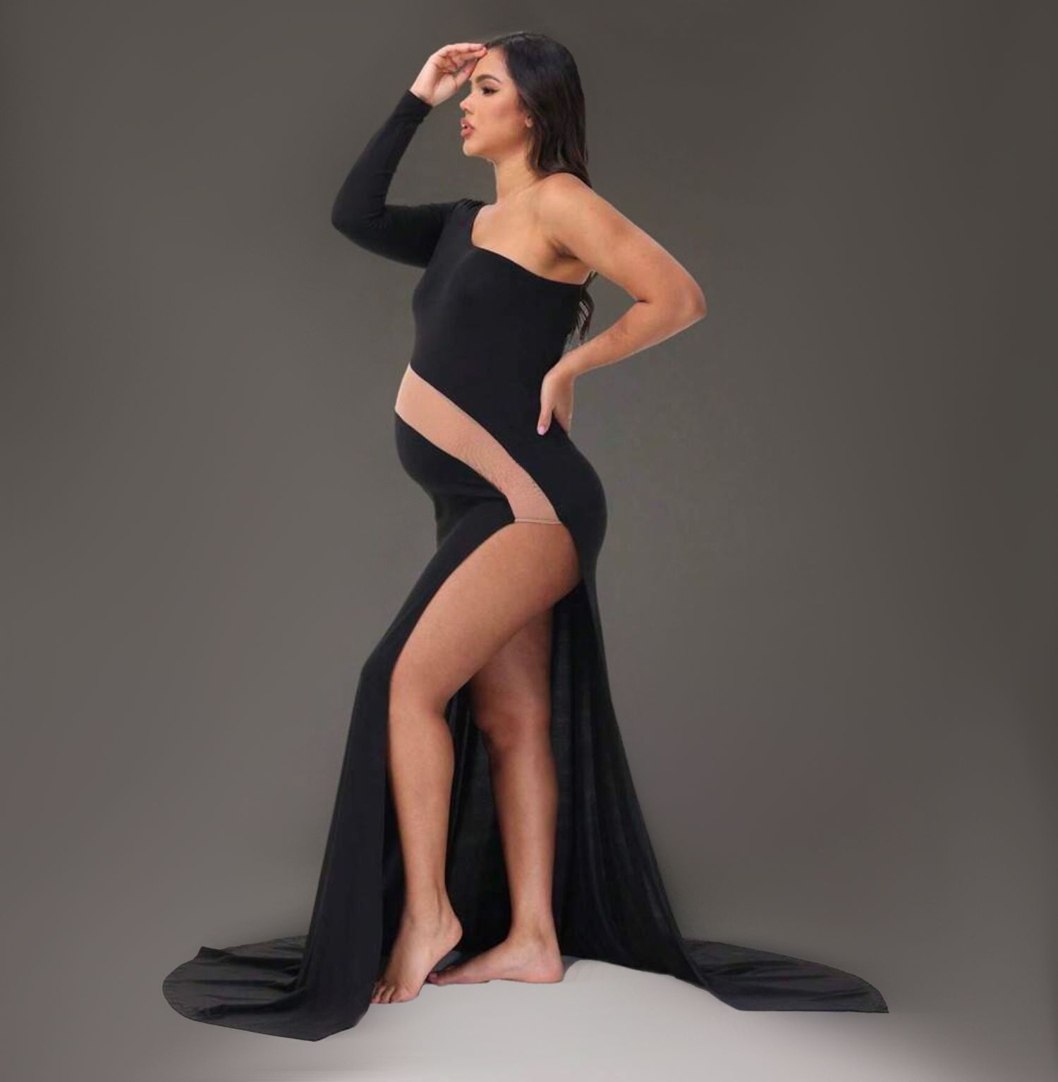 Artistic maternity silhouette photos showing a pregnant figure in elegant black dress against grey backdrop.