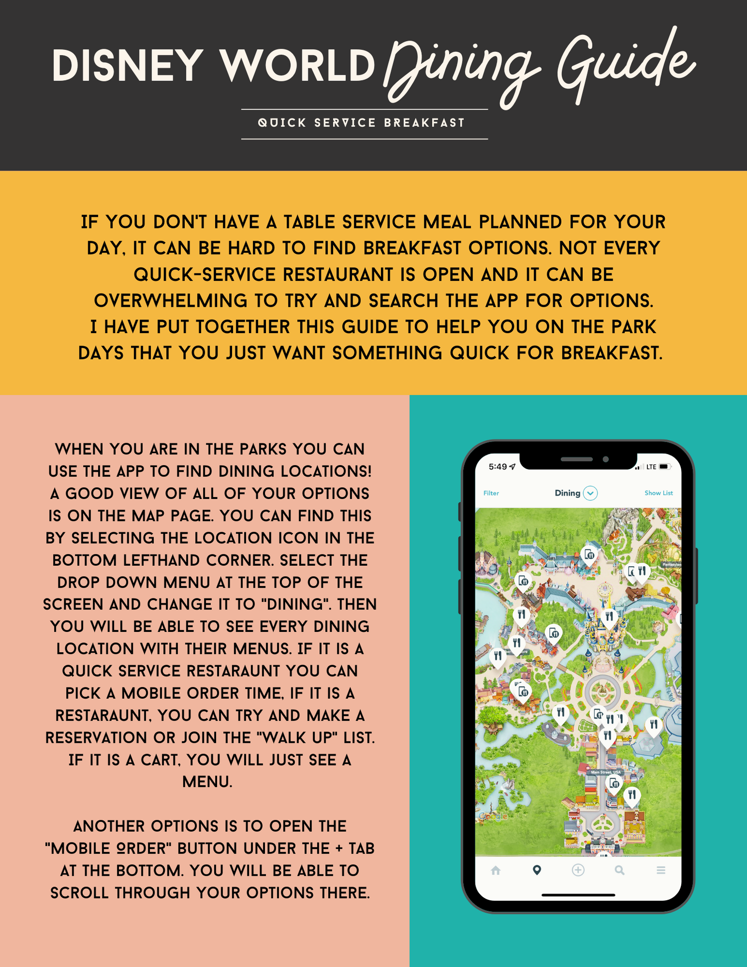 A Disney World dining guide page showing a mobile app map interface for finding restaurant locations.