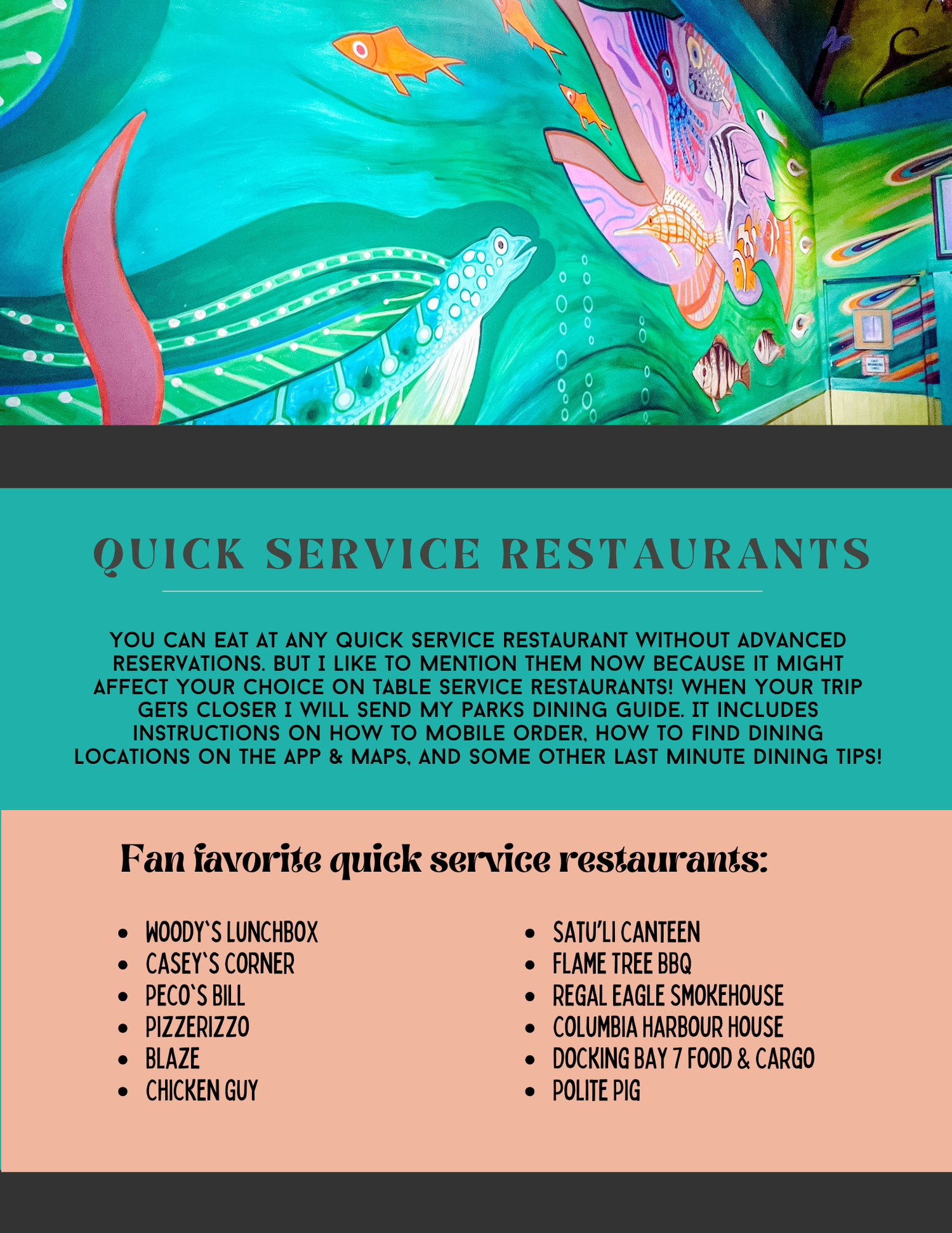 A quick service restaurant guide with teal underwater theming and list of favorite dining locations.
