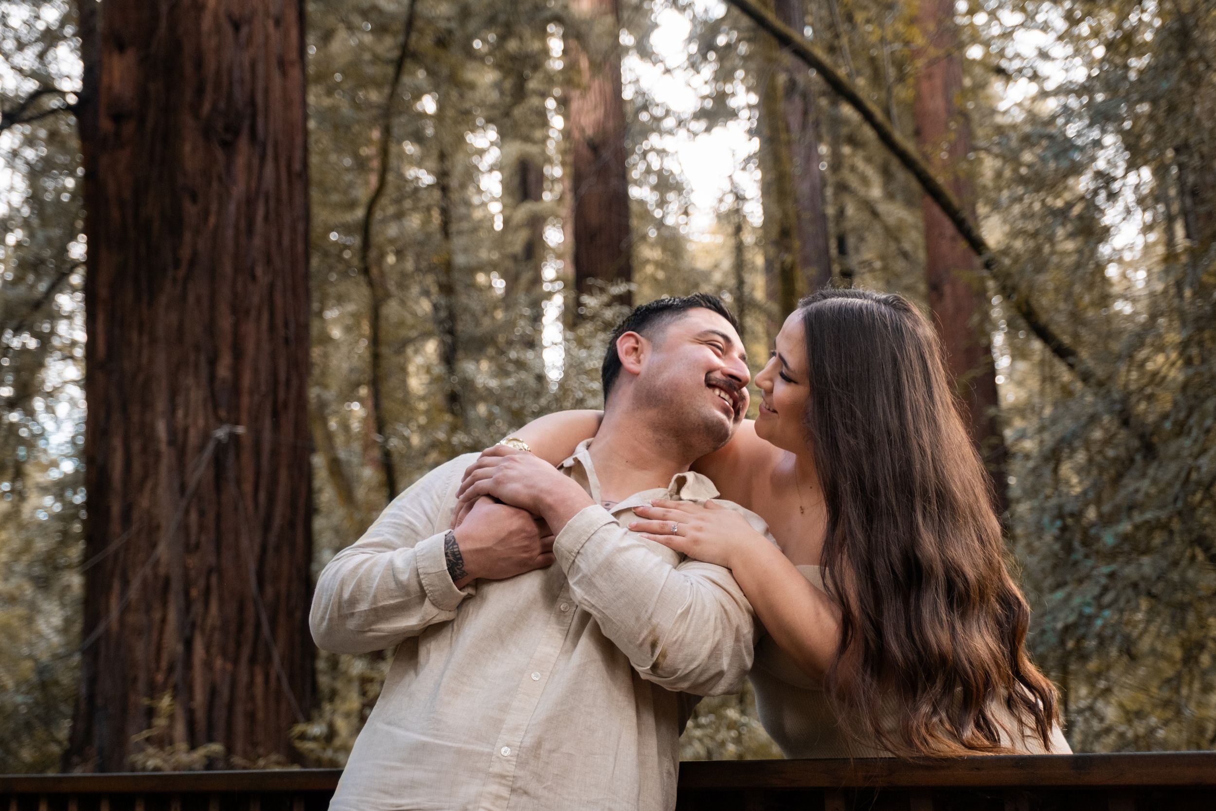 engaged couple candid moment at the Redwoods.