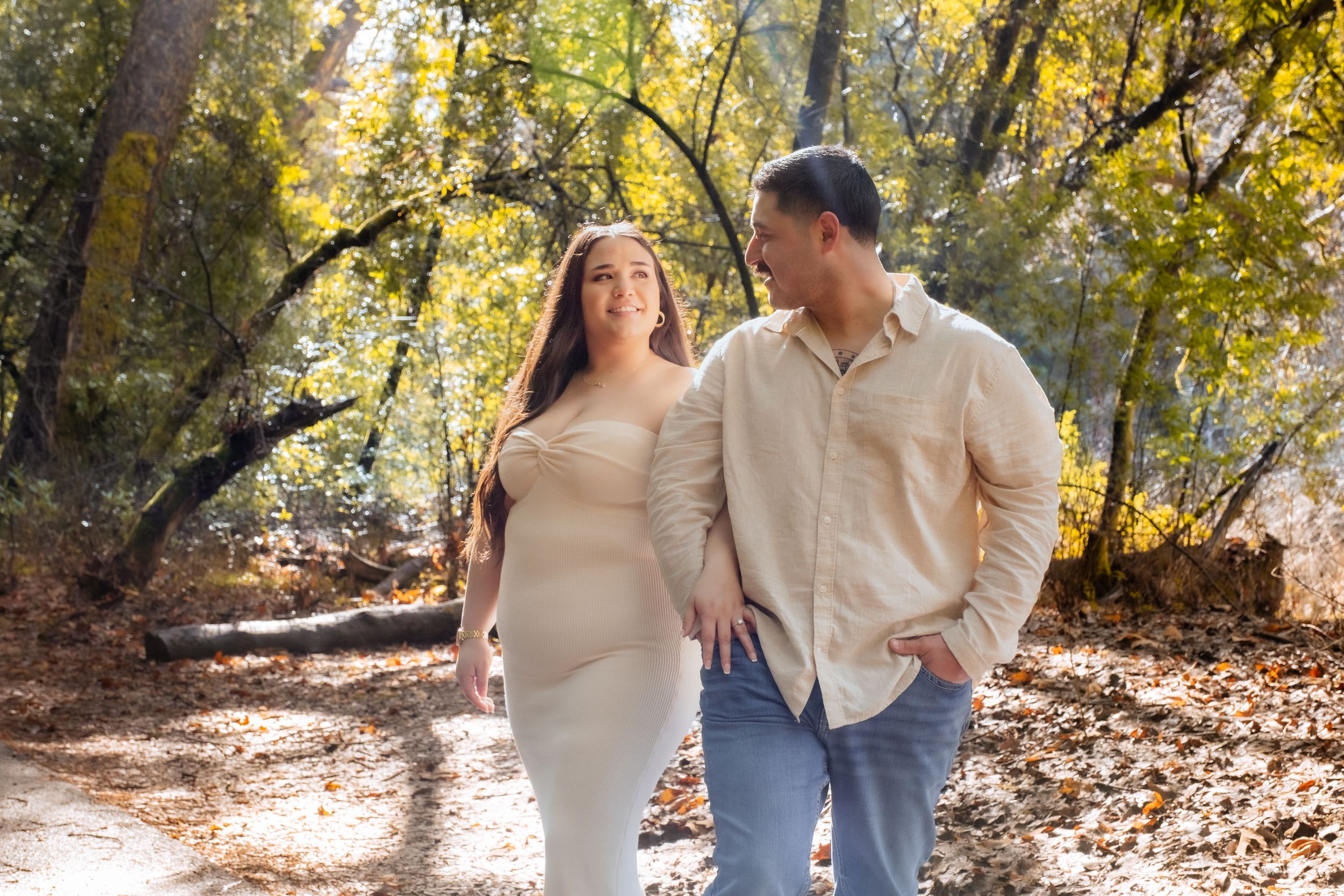 engaged couple candid moment at the Redwoods.