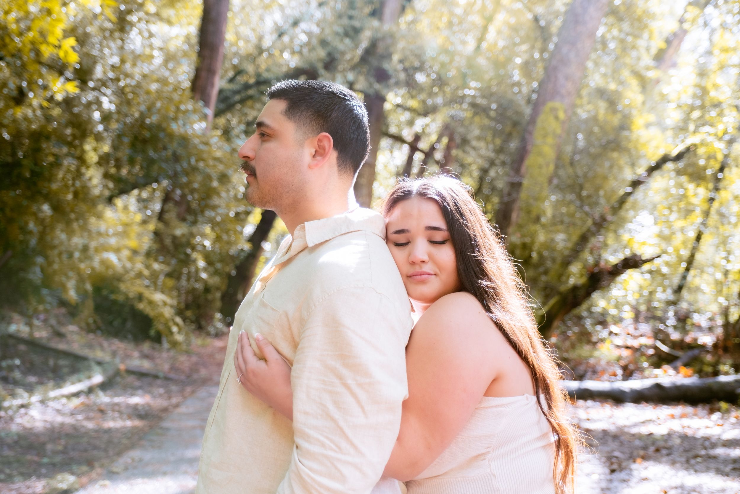 engaged couple candid moment at the Redwoods.