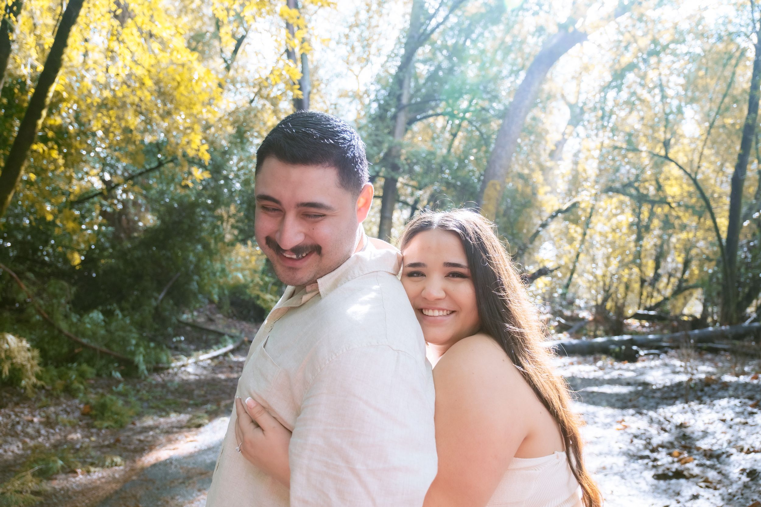 engaged couple candid moment at the Redwoods.