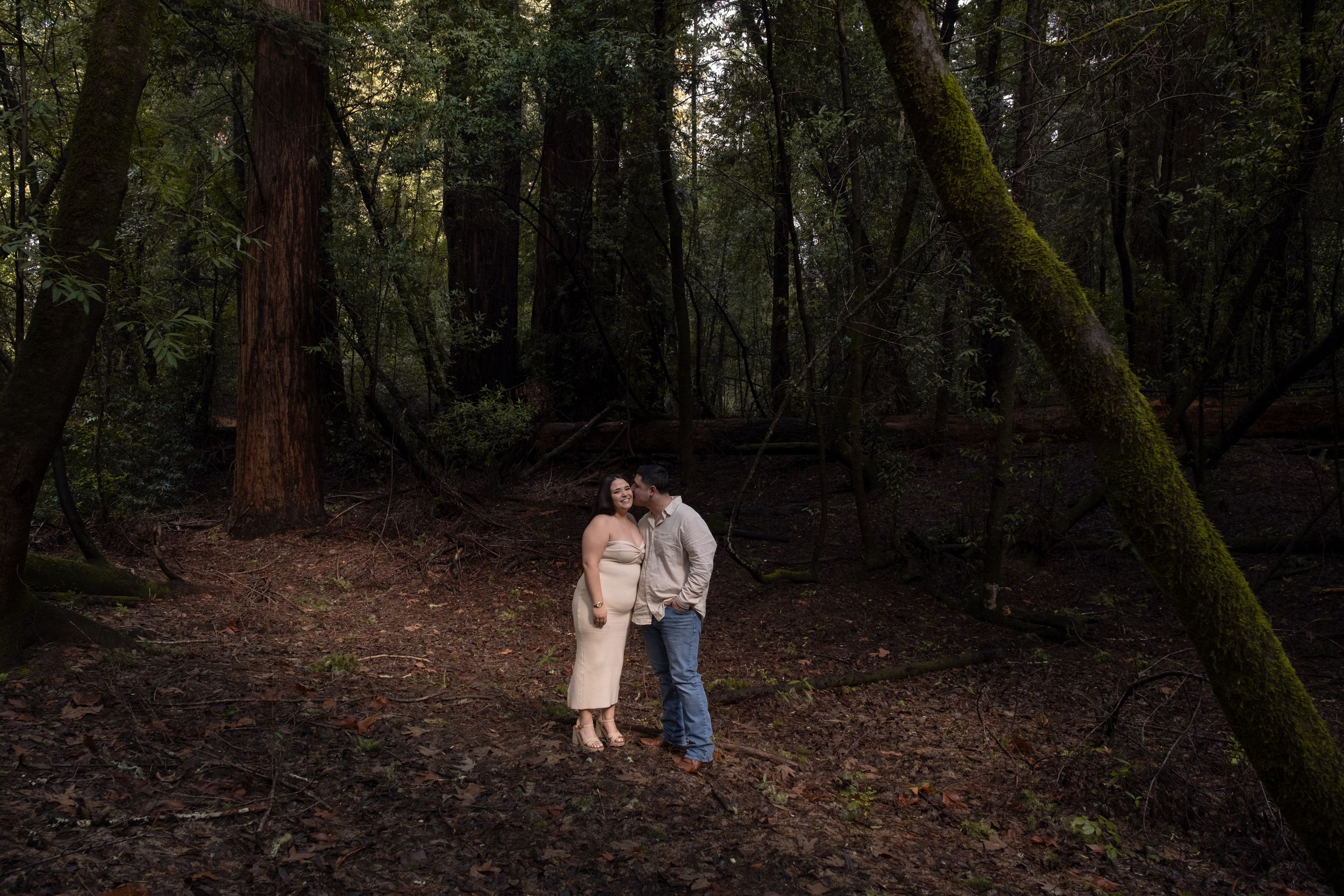 engaged couple candid moment at the Redwoods.