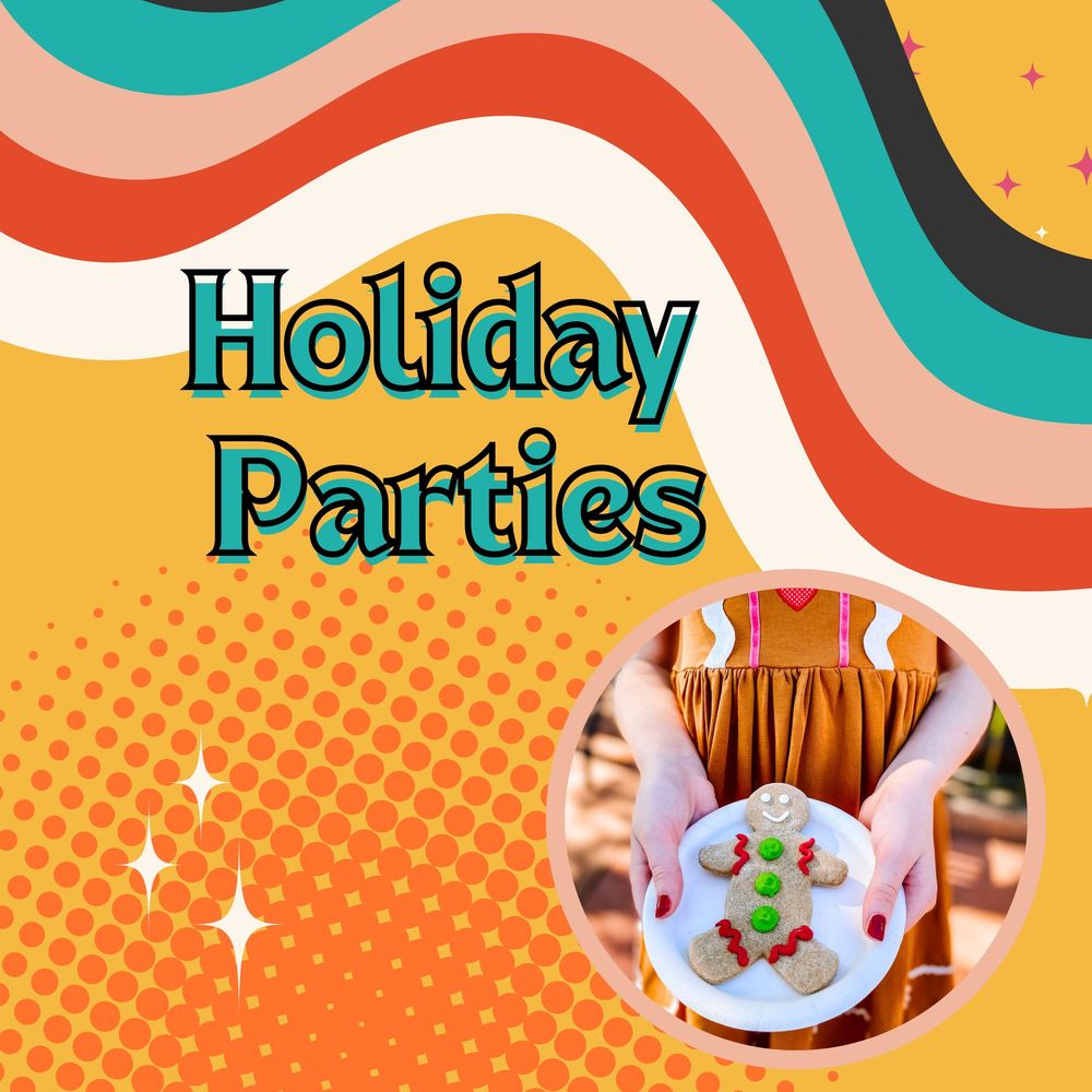 Holiday Parties text with colorful wavy design and food plating imagery on orange background with stars.