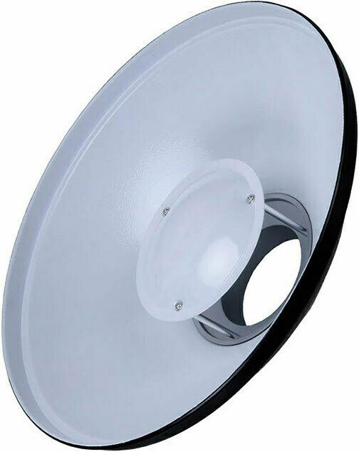 White beauty dish reflector with black rim and central hole for strobe photography lighting.