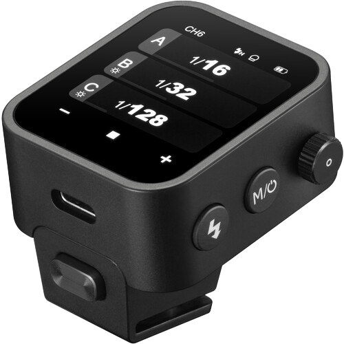 Black digital electronic device with LCD display showing numbers and control buttons mounted on camera attachment.