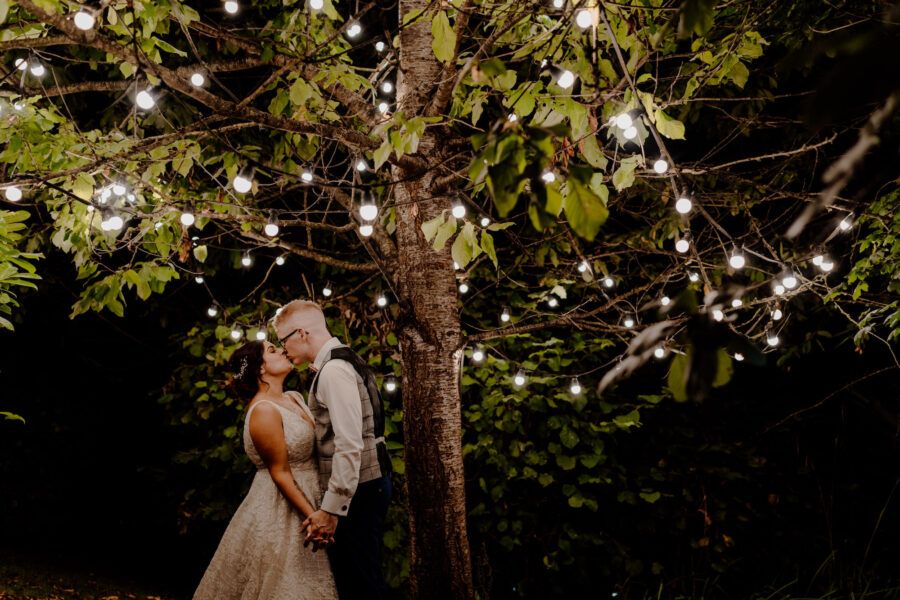 Wedding celebration in a garden setting with trees illuminated by hanging cafe lights creating magical ambiance.
