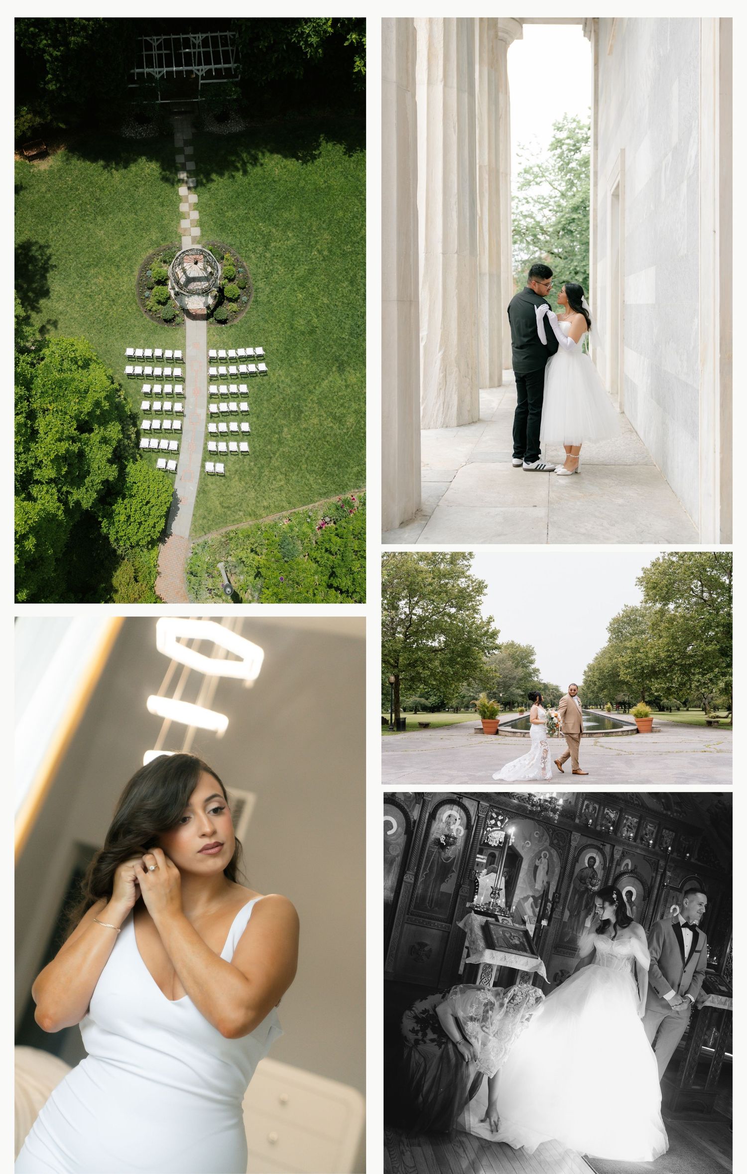 Elegant wedding photography collage featuring black and white moments, outdoor columns and formal portraits at a scenic venue.