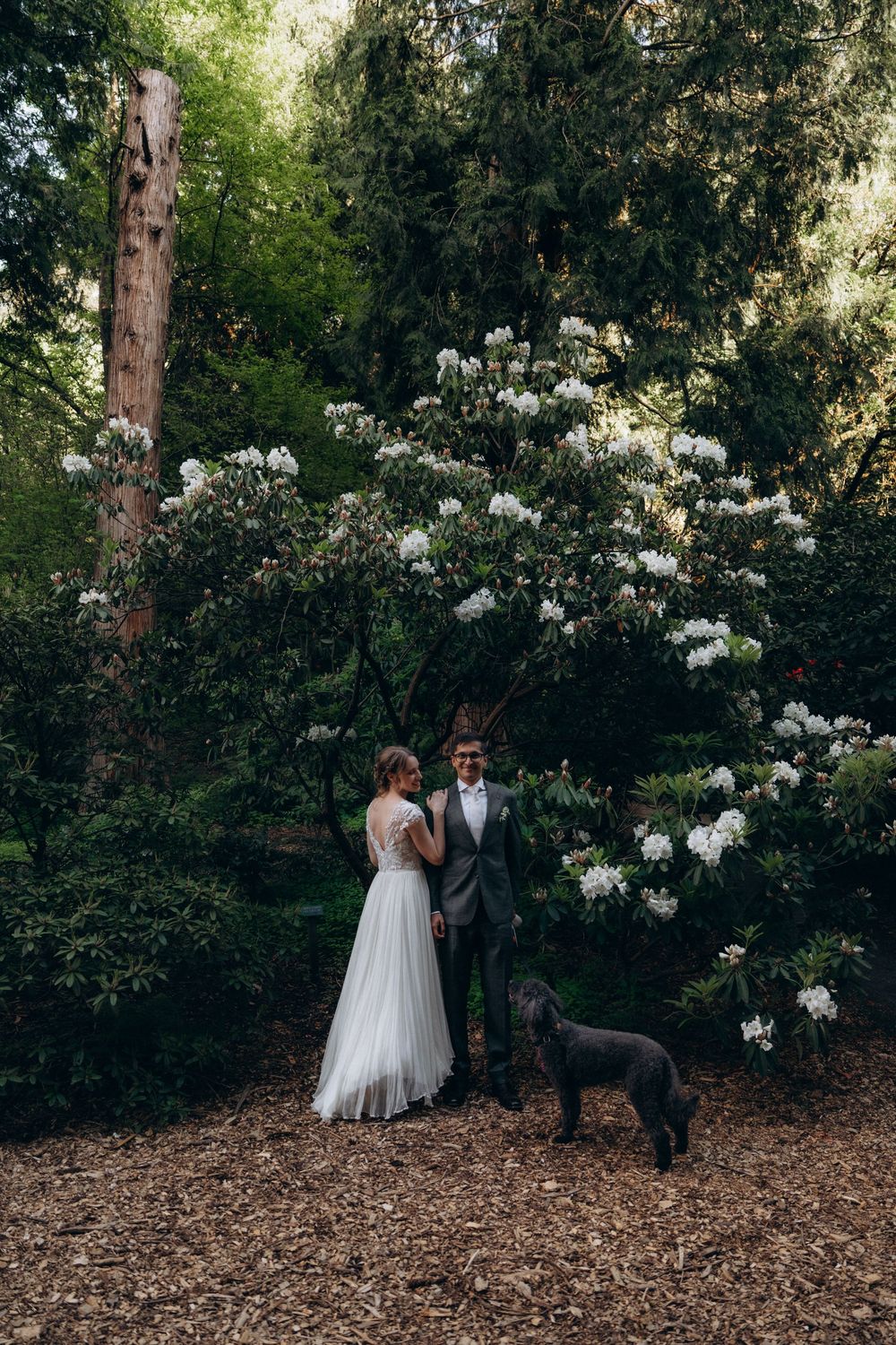 Two figures in wedding attire stand in a wooded garden setting with blooming white flowers and natural landscaping.