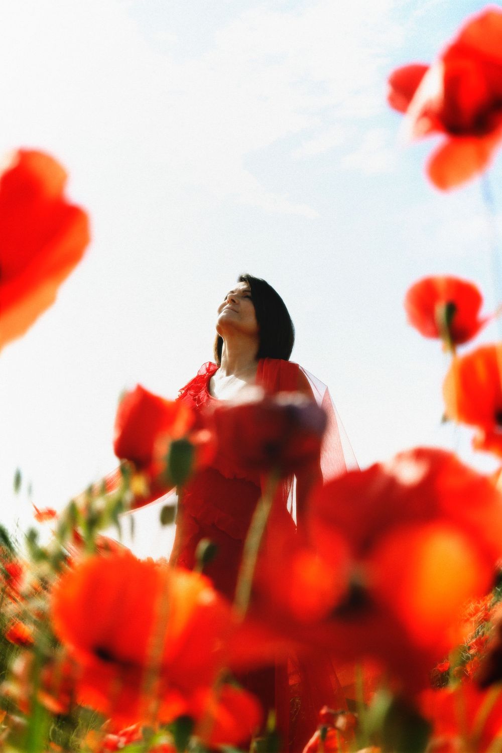 Séance photo par Chaemi Studio, photographe à Montpellier. Shooting à Mauguio aux couleurs rouges au milieu des coquelicots au printemps.
