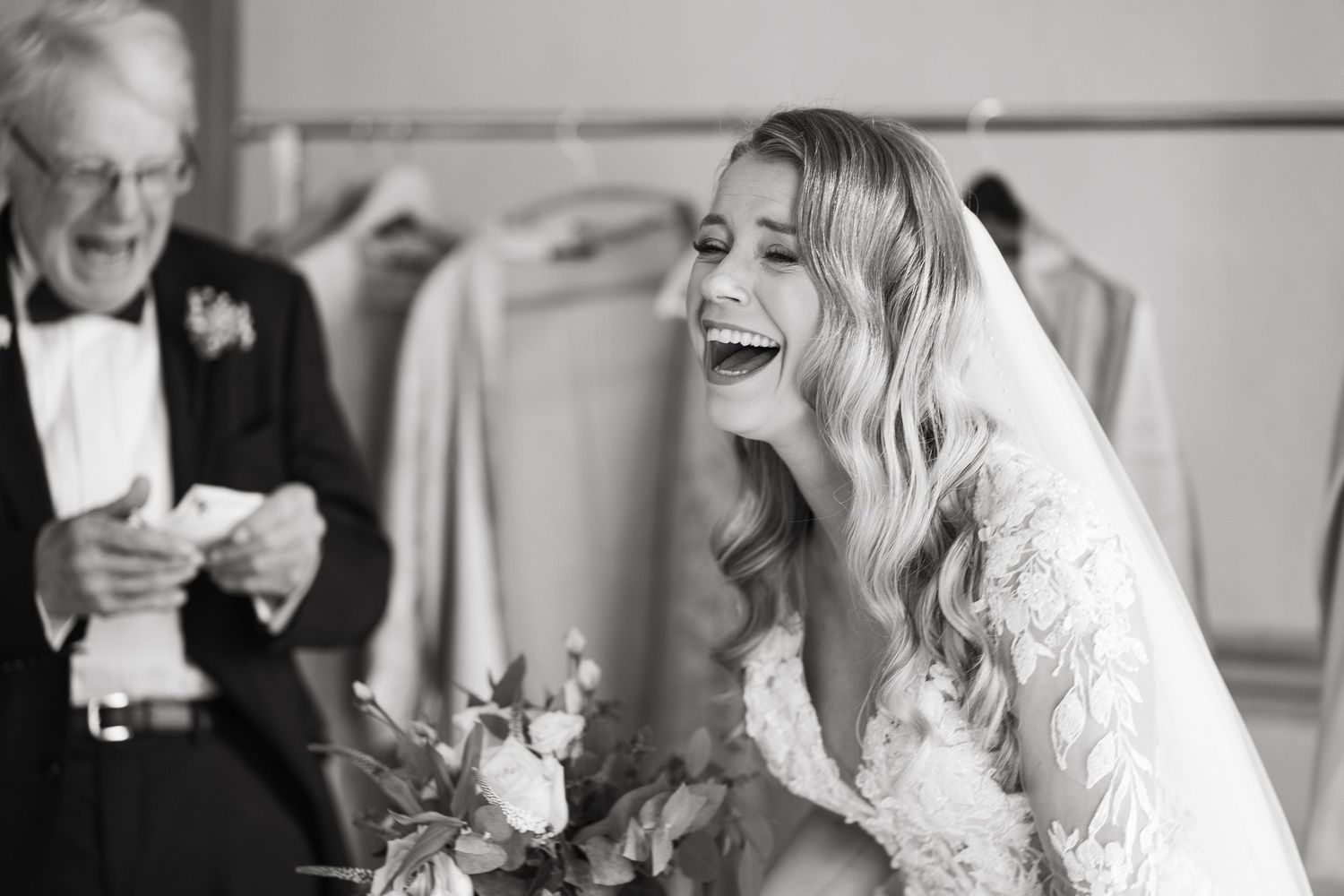 Collection of candid black and white moments from an elegant wedding celebration.